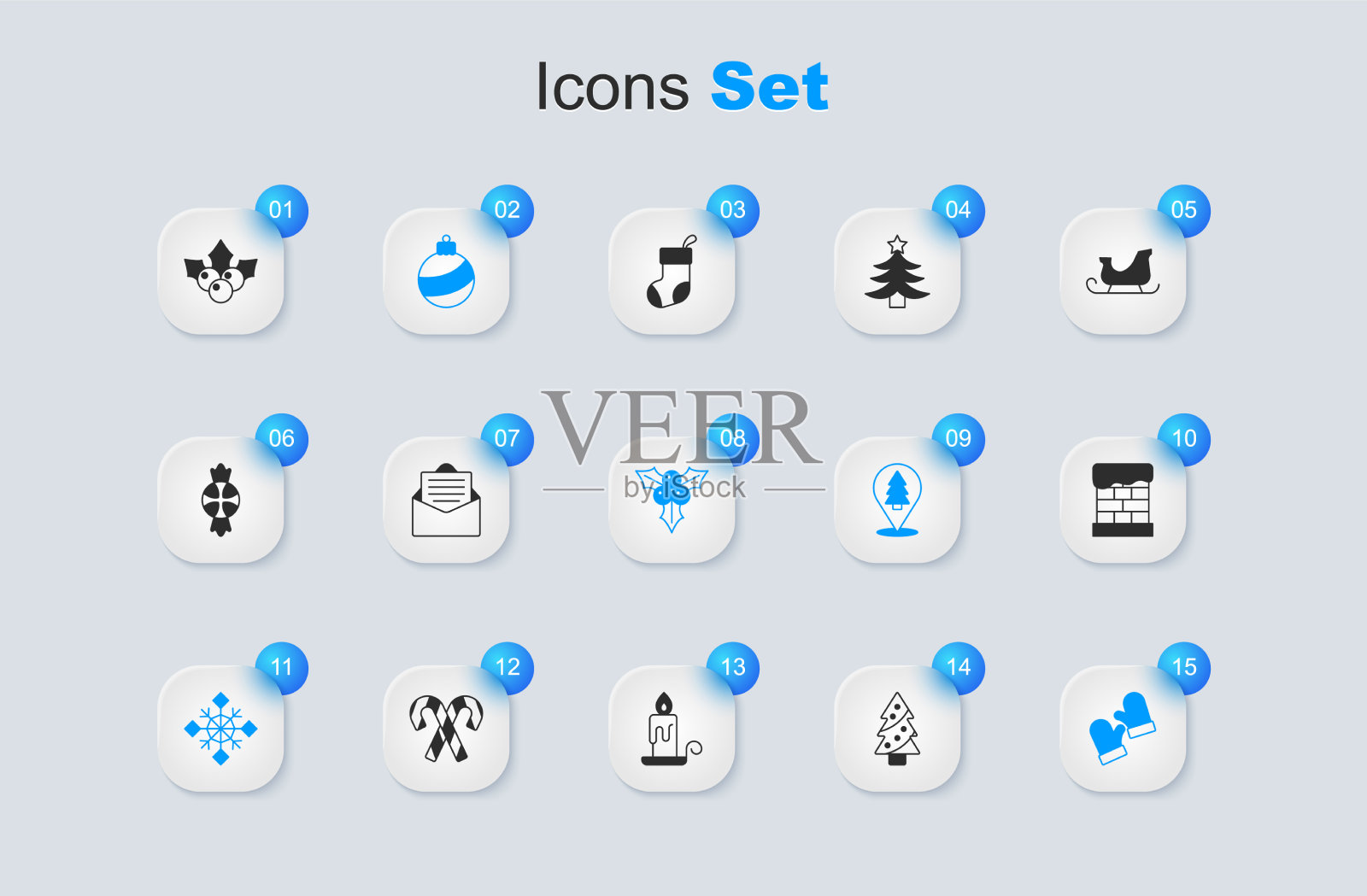 设置圣诞树信封雪球雪花插画图片素材