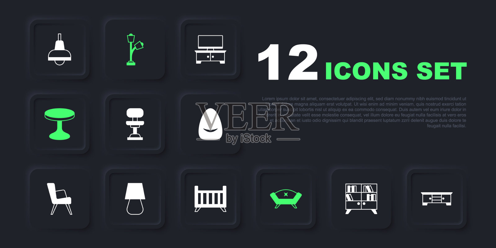 设置图书馆书架、电视桌、支架、办公椅插画图片素材