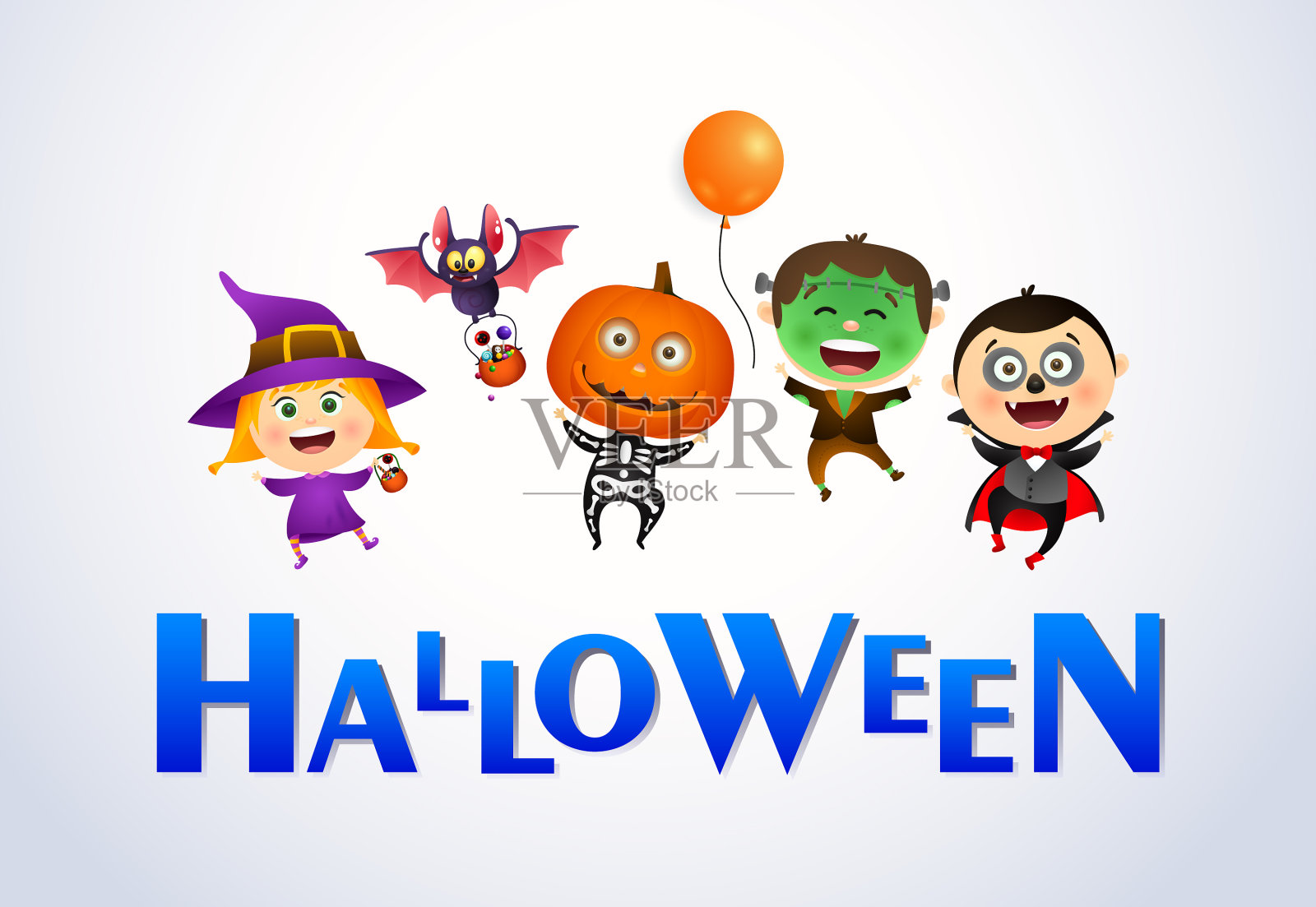 万圣节的字母和欢快的孩子穿着插画图片素材
