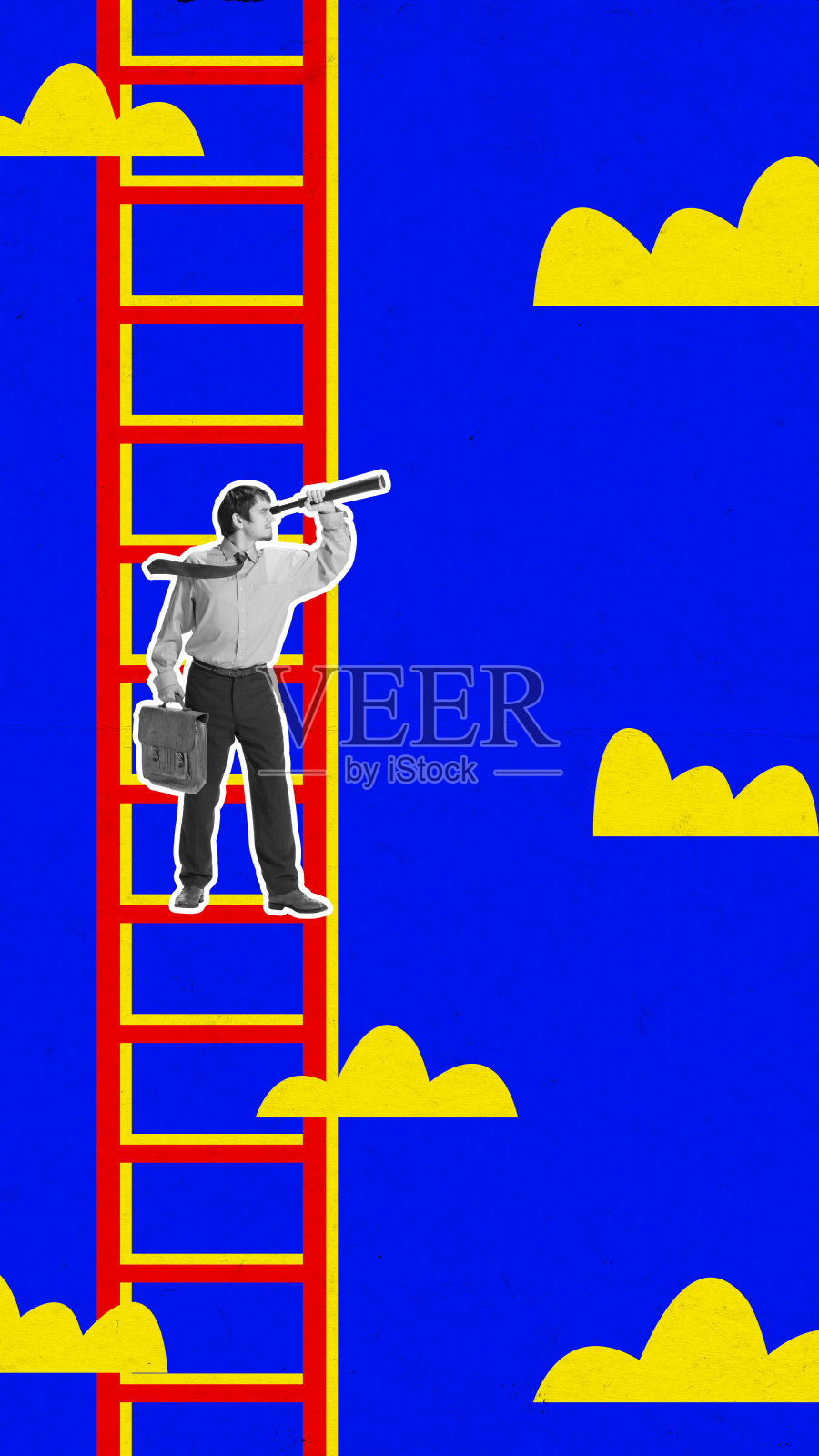 海报。当代艺术拼贴。单色伽玛商人,上班族与望远镜隔离在明亮的背景上。照片摄影图片