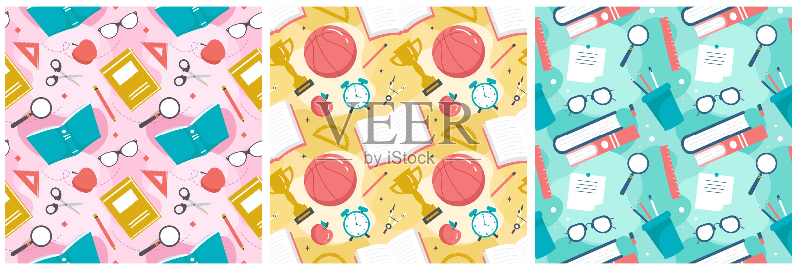 一套快乐的老师无缝图案设计教育风格元素模板手绘卡通平面插图插画图片素材
