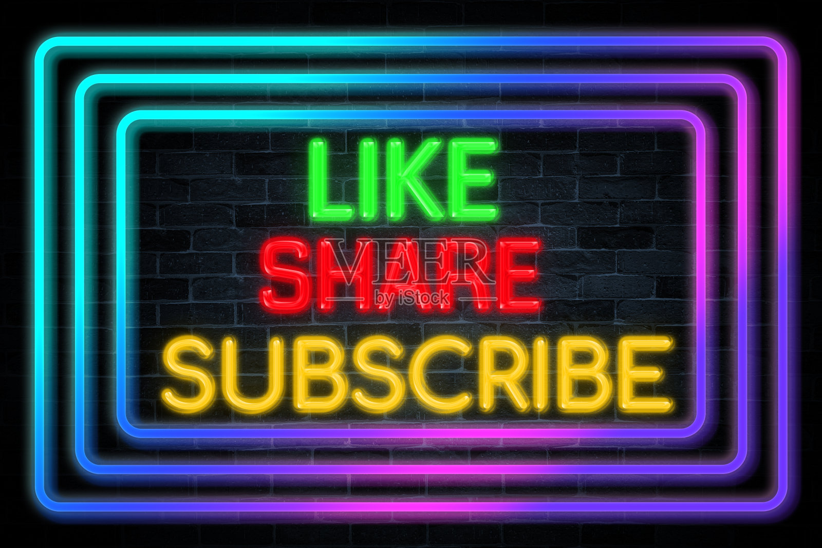 喜欢,分享,订阅在砖墙背景霓虹灯横幅。照片摄影图片