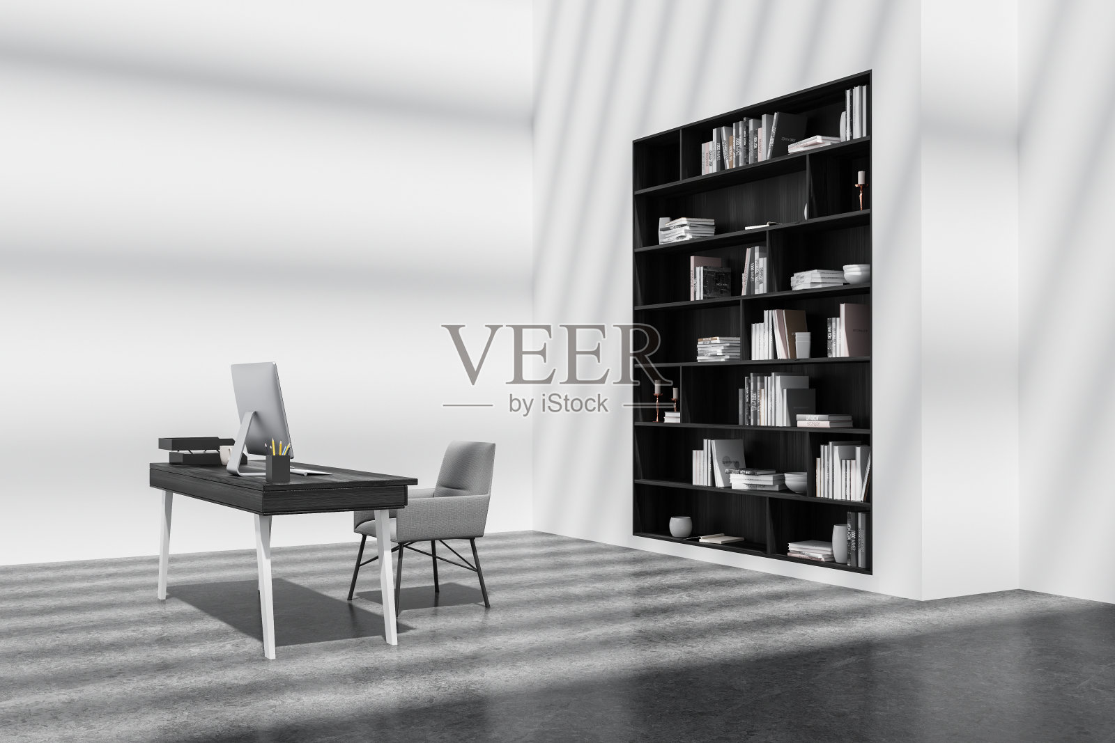 时尚的商务室内与工作台,pc桌面和书架与书籍照片摄影图片