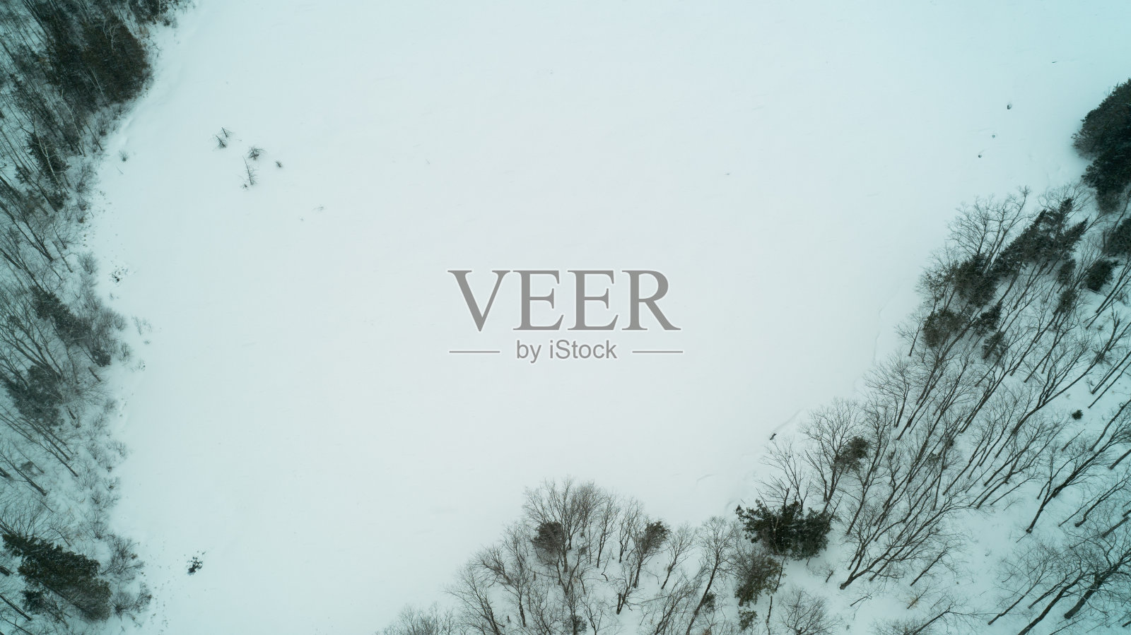 无人机拍摄的被森林包围的白雪覆盖的池塘照片摄影图片