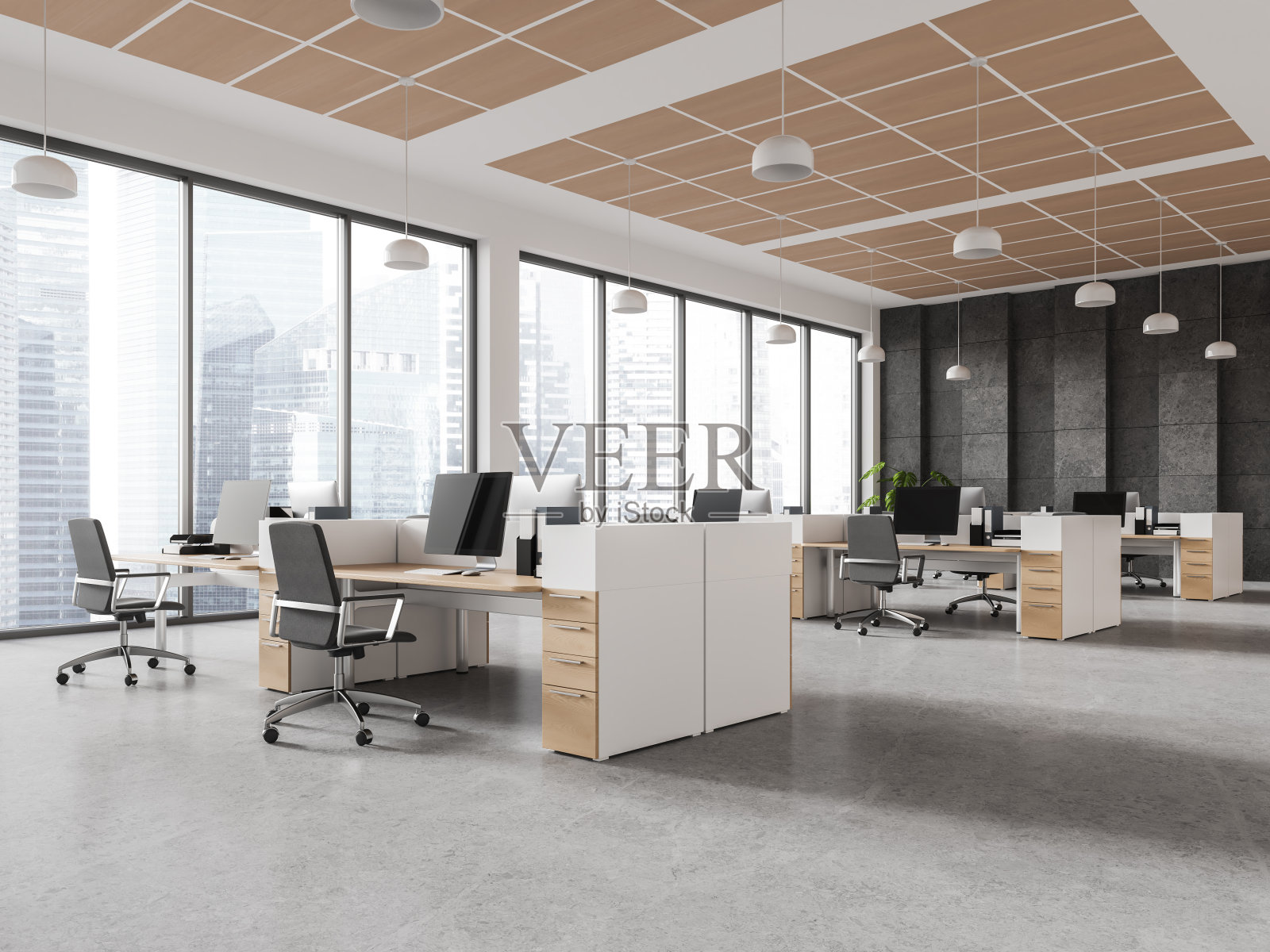 时尚的联合办公室内,pc桌面和扶手椅排,窗户照片摄影图片