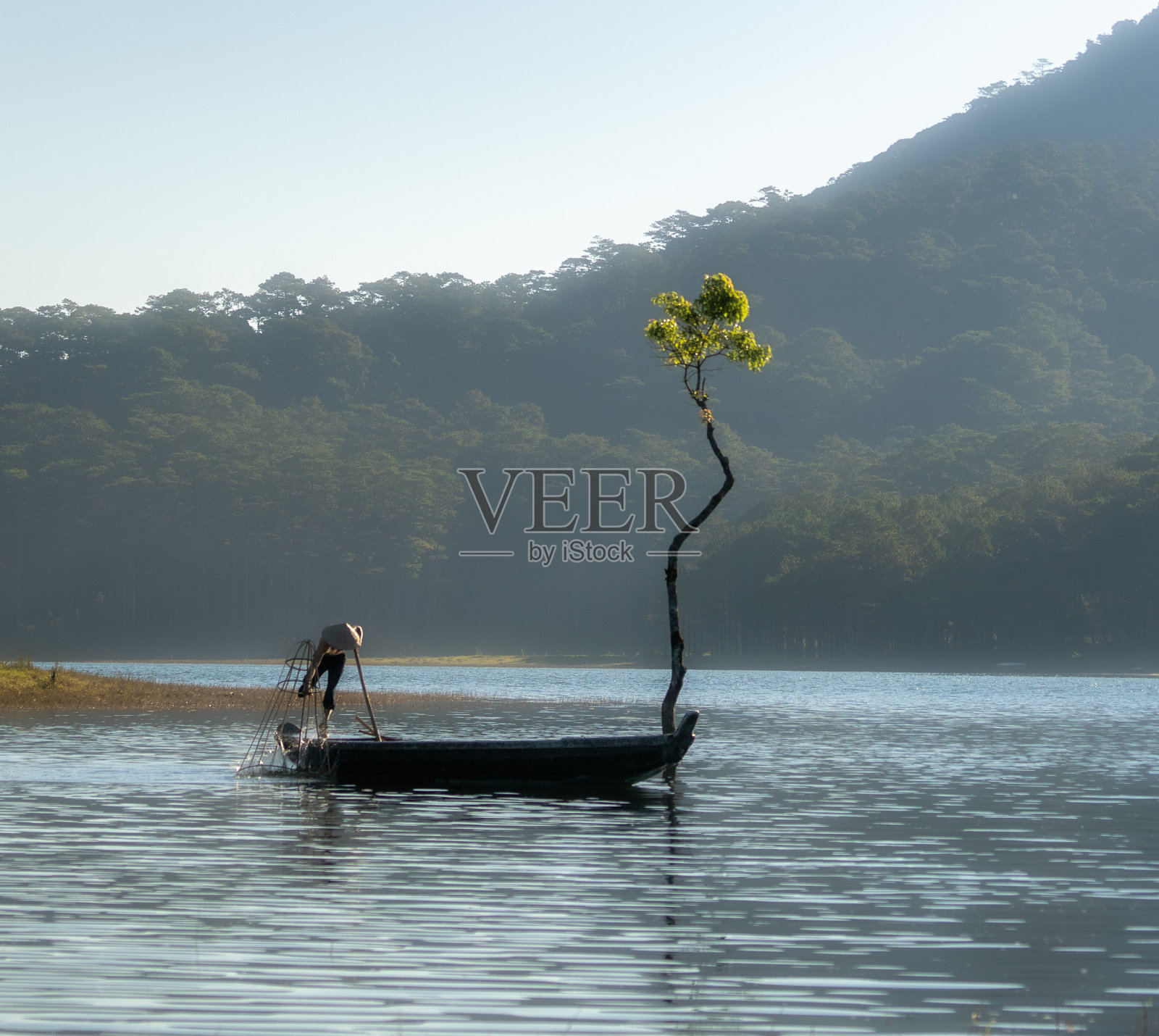 从远处拍摄的大叻风景照片,男子划着小船站在Tuyen Lam湖中央,男子划着木船在Tuyen Lam湖上,大叻美丽的风景,男子划着小船在明亮的灯光下照片摄影图片