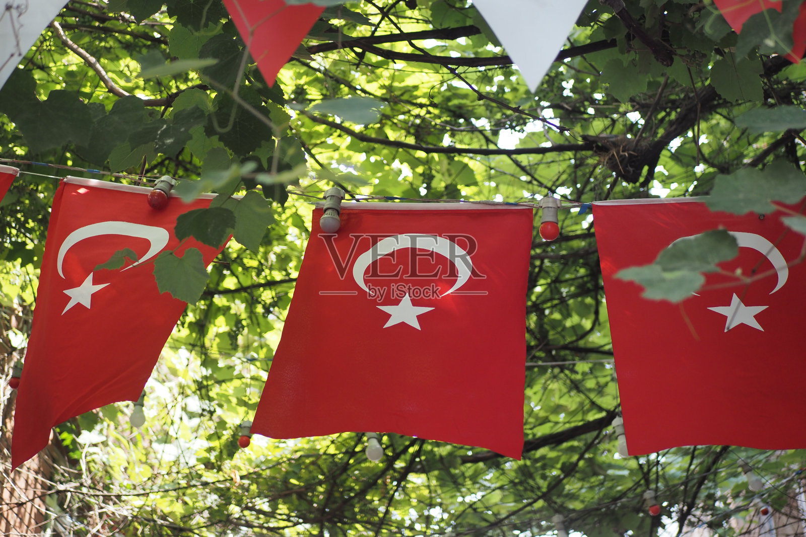 低角度看土耳其国旗对天空。照片摄影图片