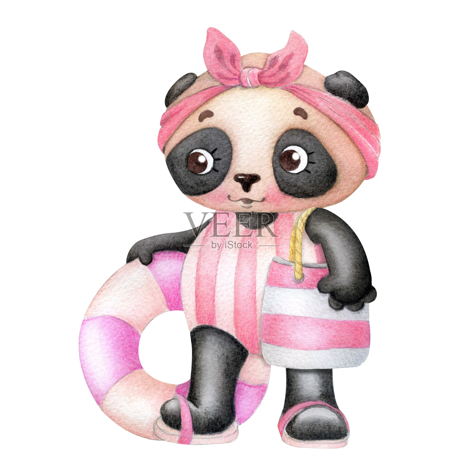 夏天孩子的性格。穿着泳衣的熊猫。插画图片素材