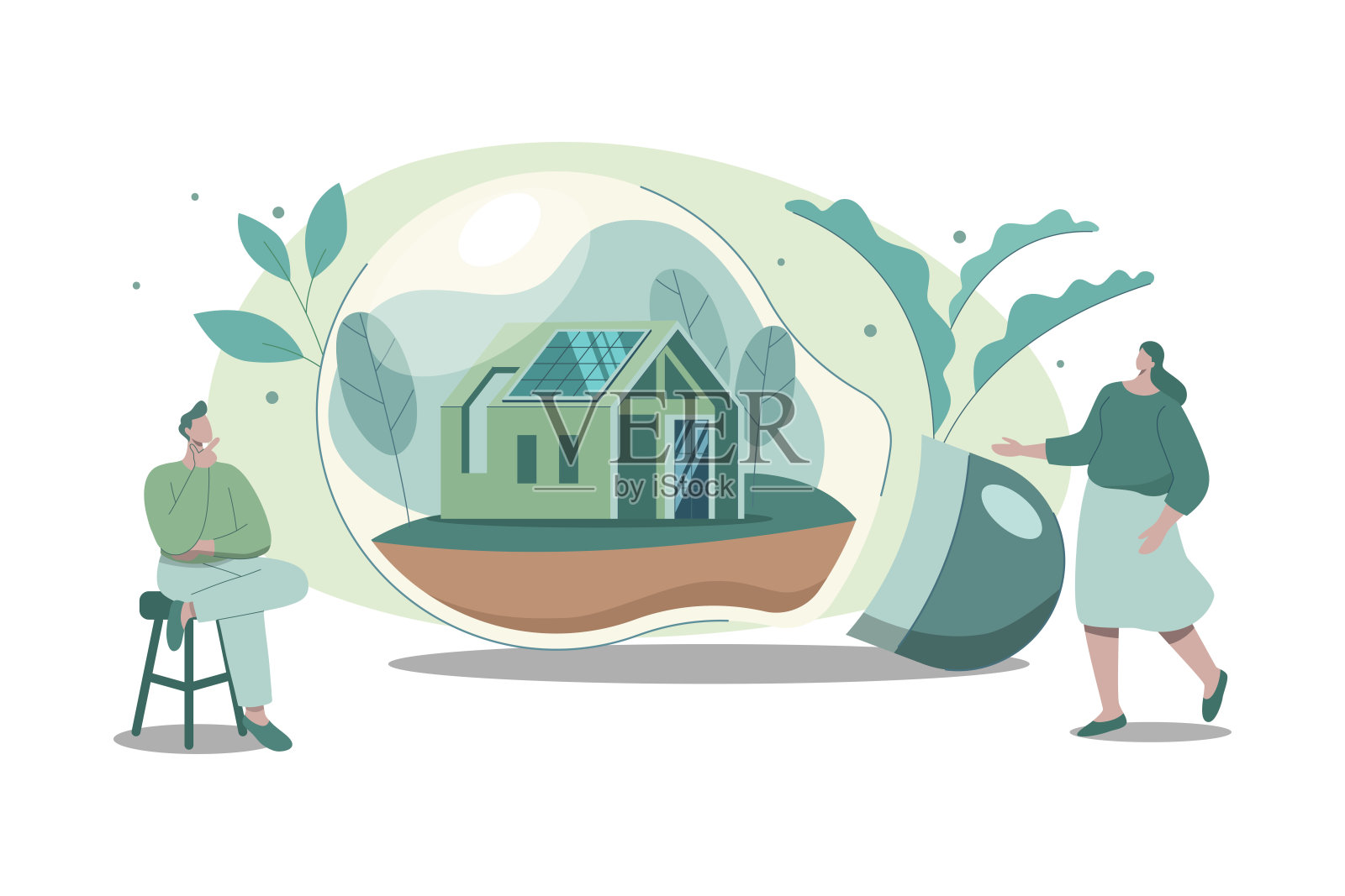 可持续自然能源智能家居中的灯泡、替代电源、清洁绿色可再生能源概念。矢量设计插图。插画图片素材