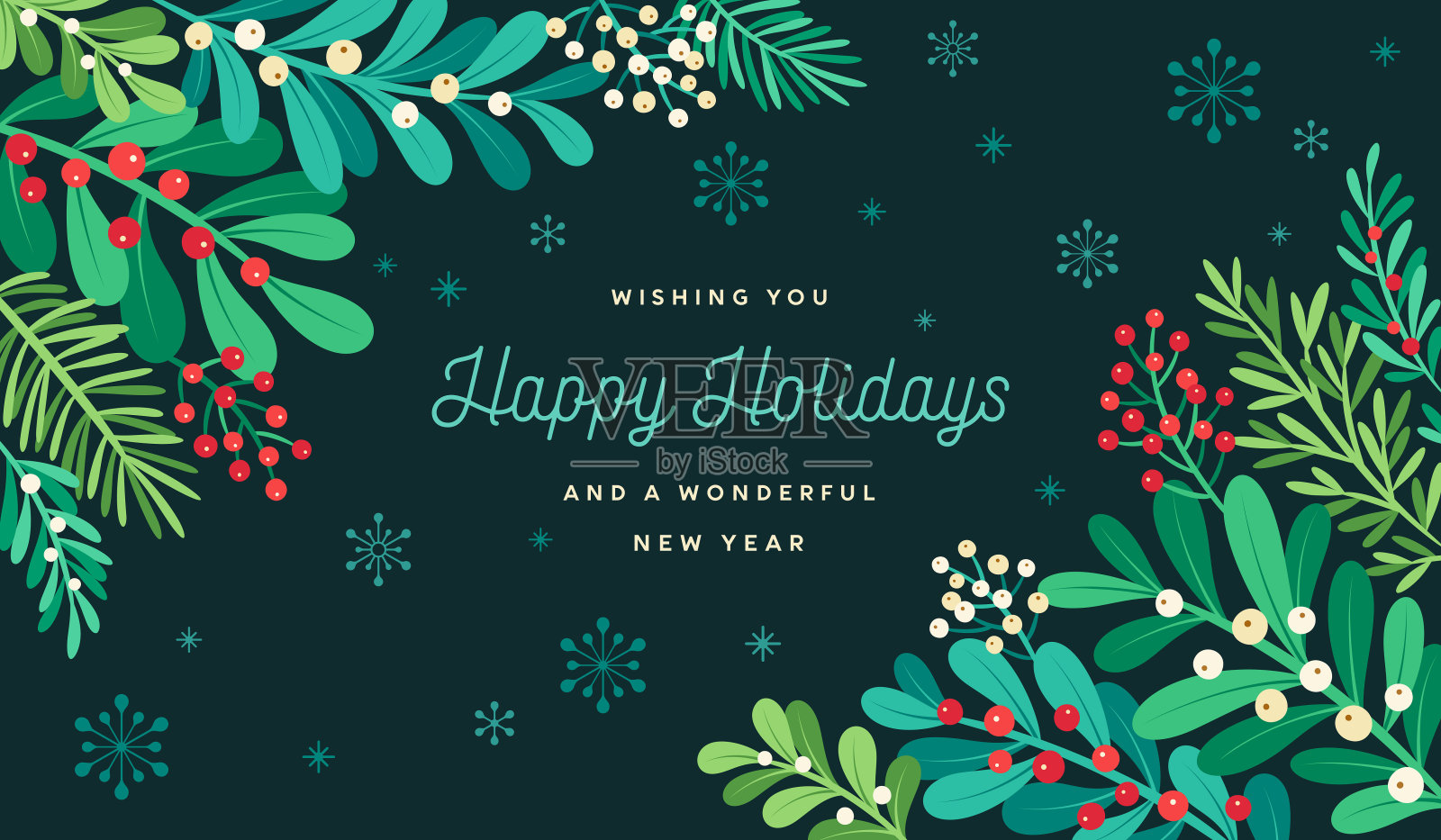 节日圣诞背景与槲寄生树枝,浆果和雪花插画图片素材