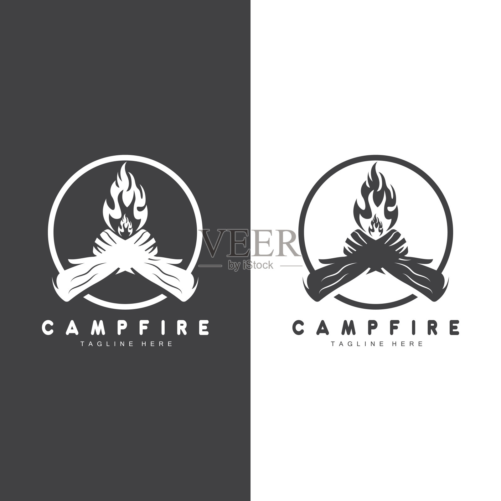 篝火标志,木材燃烧和火的设计,露营冒险复古插画图片素材