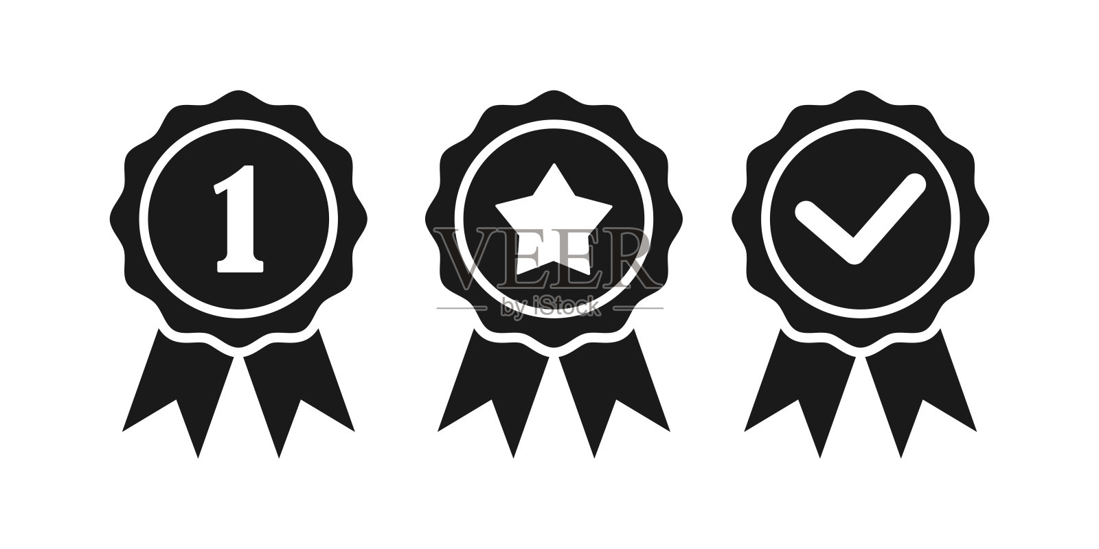 成就徽章轮廓图标。证书优质标志。用丝带颁发奖章。插画图片素材