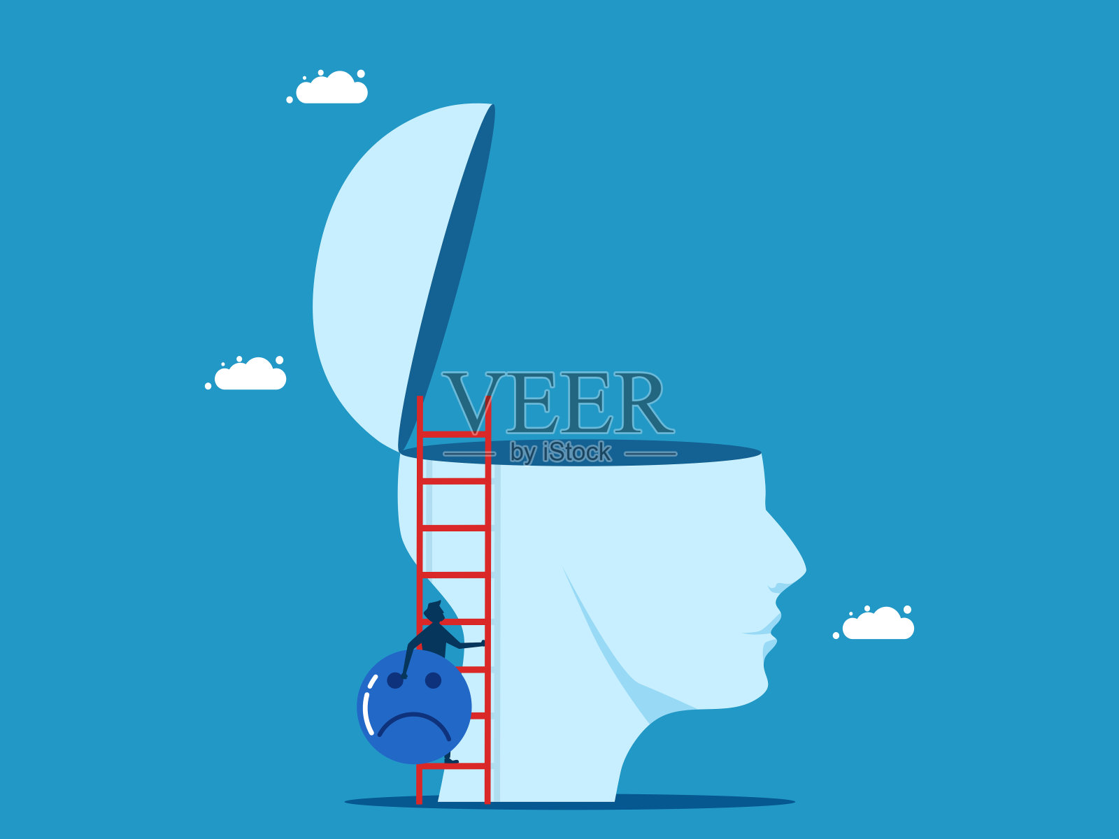 消极的想法。商人拿着消极思想的图标在大头上爬楼梯插画图片素材