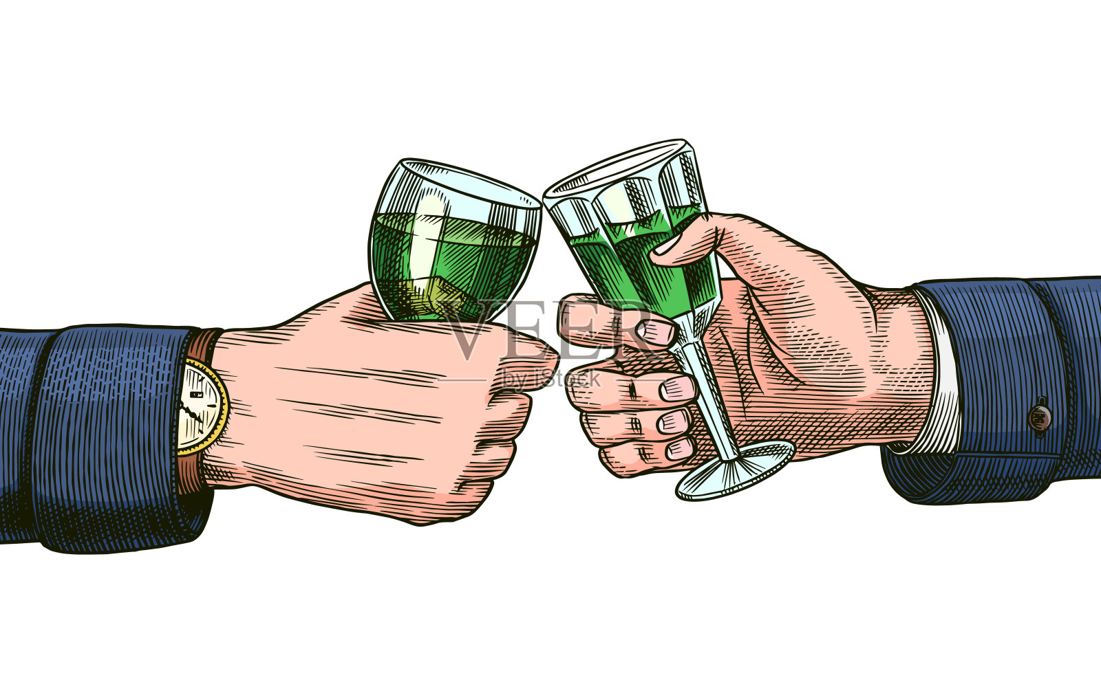 年份苦艾酒徽章。酒精拉贝河。海报横幅的经典框架。盛浓饮料的玻璃杯。欢呼声吐司。雕刻手绘复古素描。木刻风格。插画图片素材