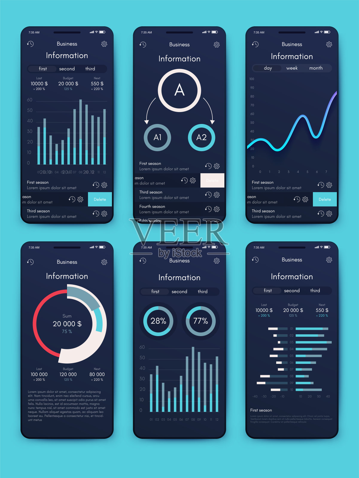 矢量图形信息图形与六个选项。模板创建移动应用程序,工作流布局,图表,横幅,网页设计,业务报告与6个步骤插画图片素材