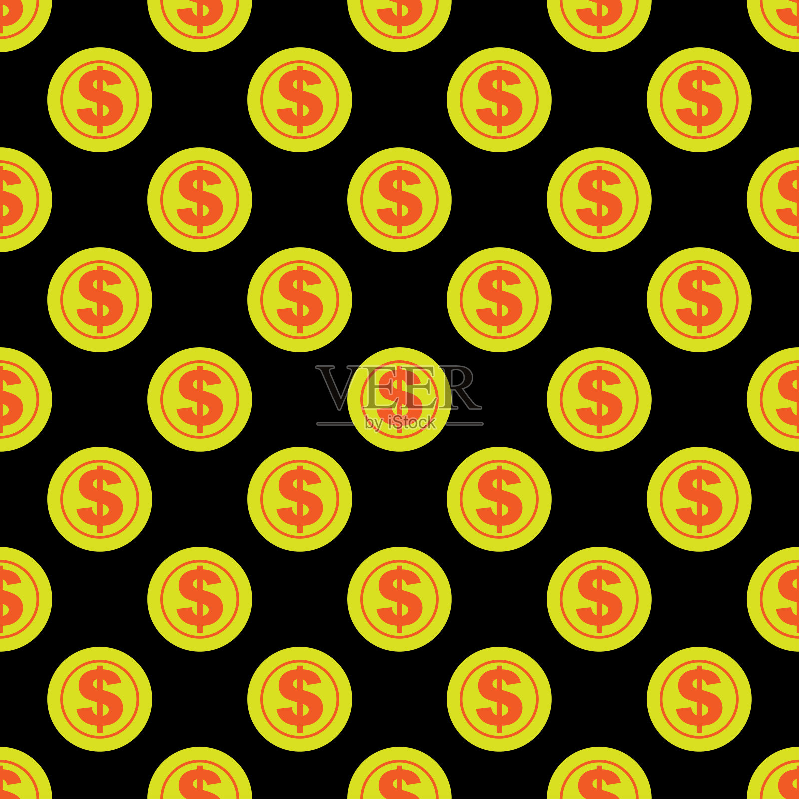 黑色背景上的黄色小圆硬币。无缝模式。矢量简单的平面图形说明。纹理。插画图片素材