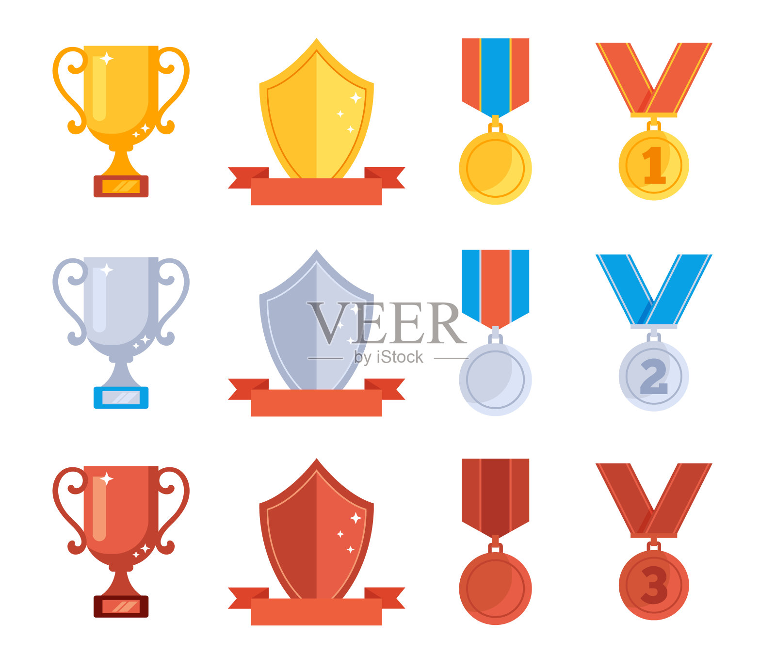 奖项奖杯图标奖励奖金等级奖章杯孤立集。矢量平面图形设计插图插画图片素材