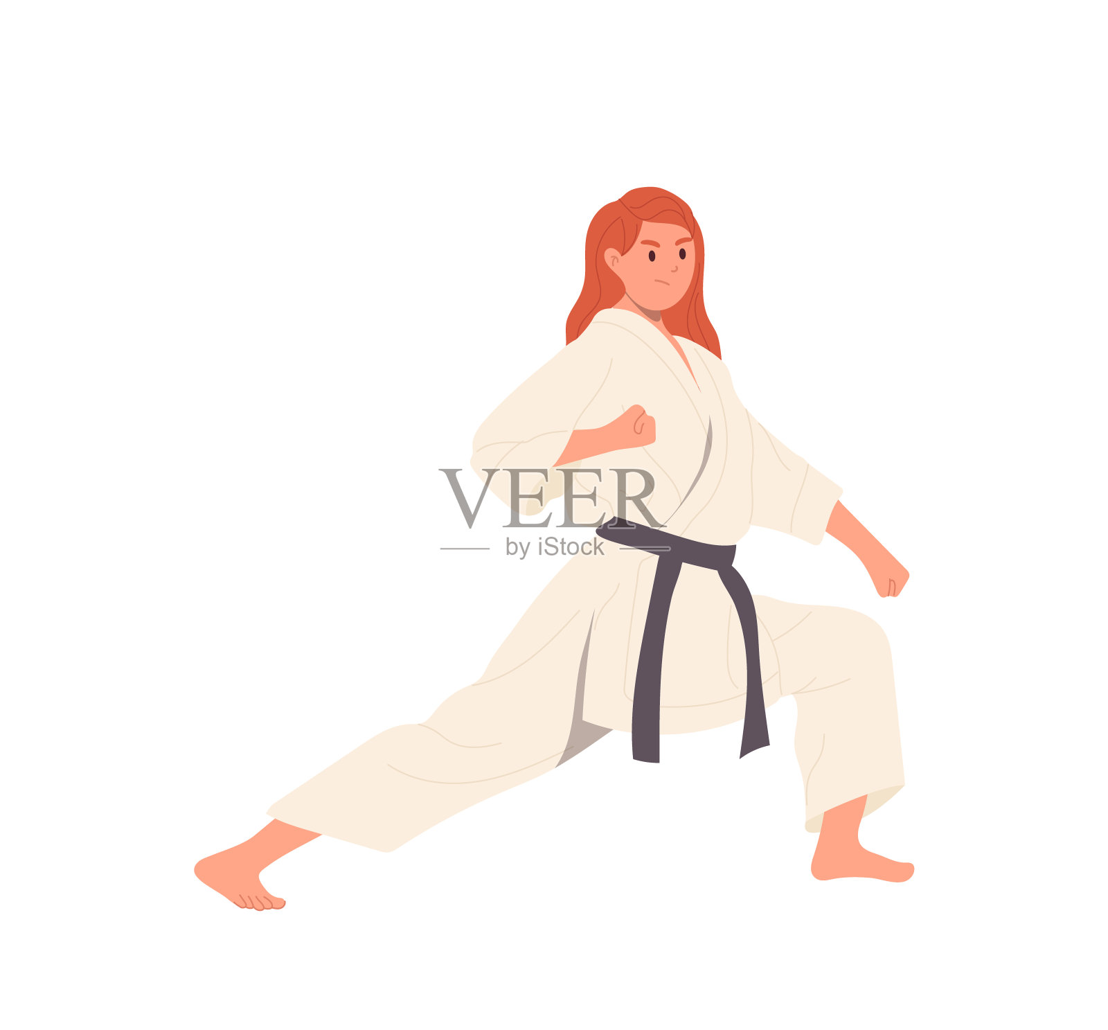 女空手道大师卡通人物穿着和服练习战斗技术孤立在白色插画图片素材