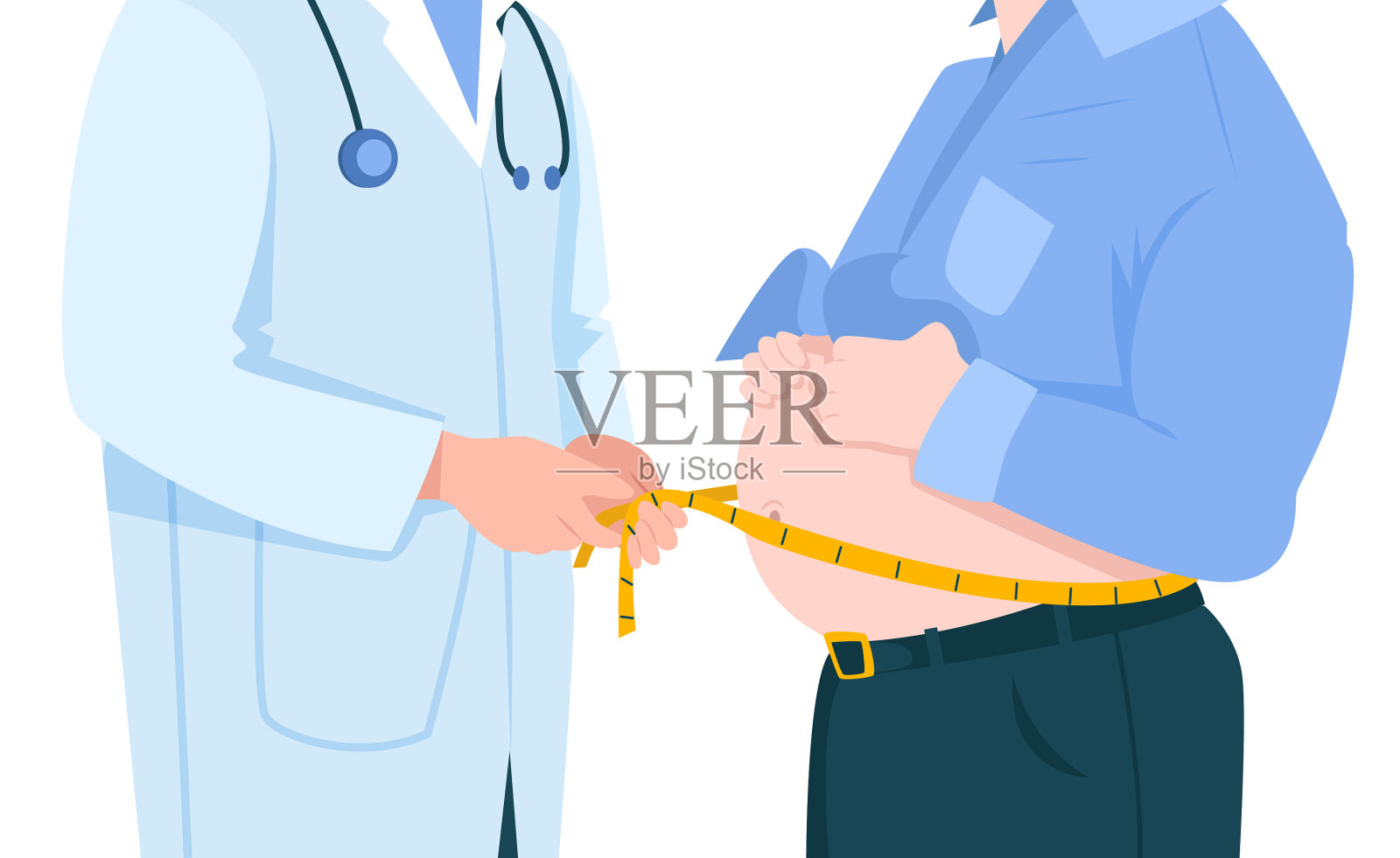 矢量一个肥胖,超重的男性病人,医生用胶带测量他的腰线绕胃插画图片素材