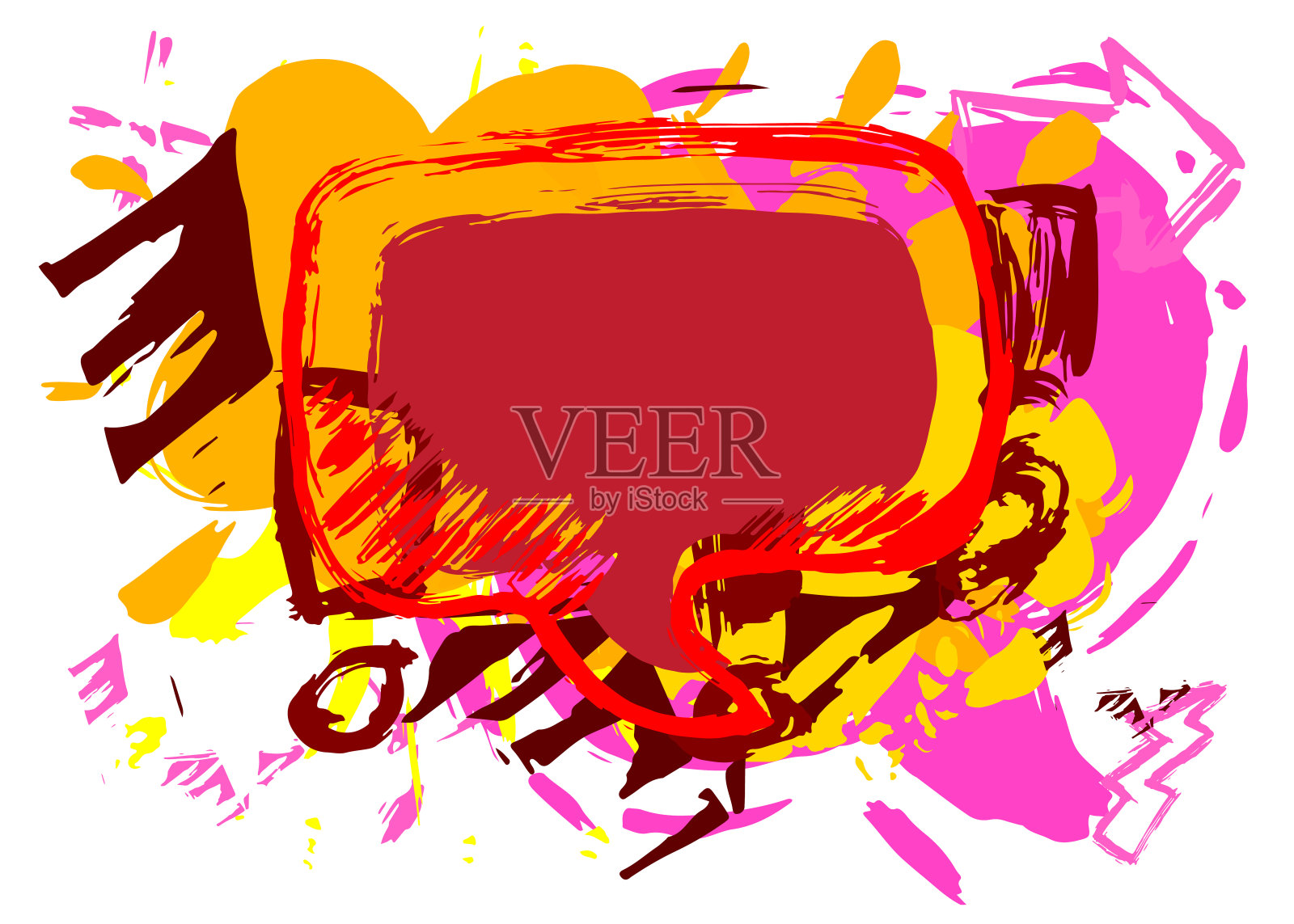 紫色,红色和黄色的涂鸦演讲泡泡。抽象现代信息标牌的街头艺术装饰,讨论图标在城市中表现的绘画风格。插画图片素材