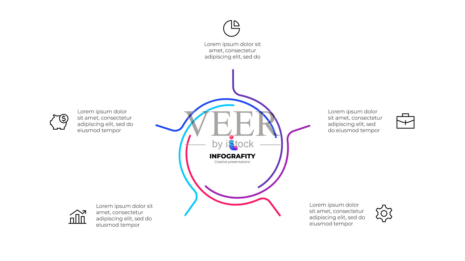 概述信息图的抽象元素。模板周期图与5个选项,零件,步骤或过程插画图片素材