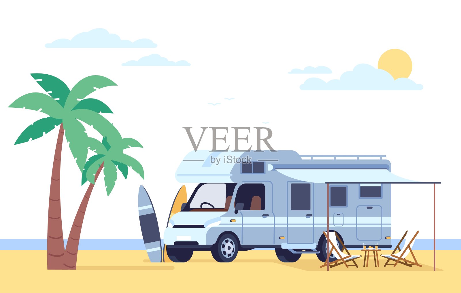 房车矗立在沙滩上,旁边是棕榈树和冲浪板。商队露营者。汽车露营车。暑假。汽车拖车。驾驶航行车辆。冲浪和日光浴。向量的概念插画图片素材