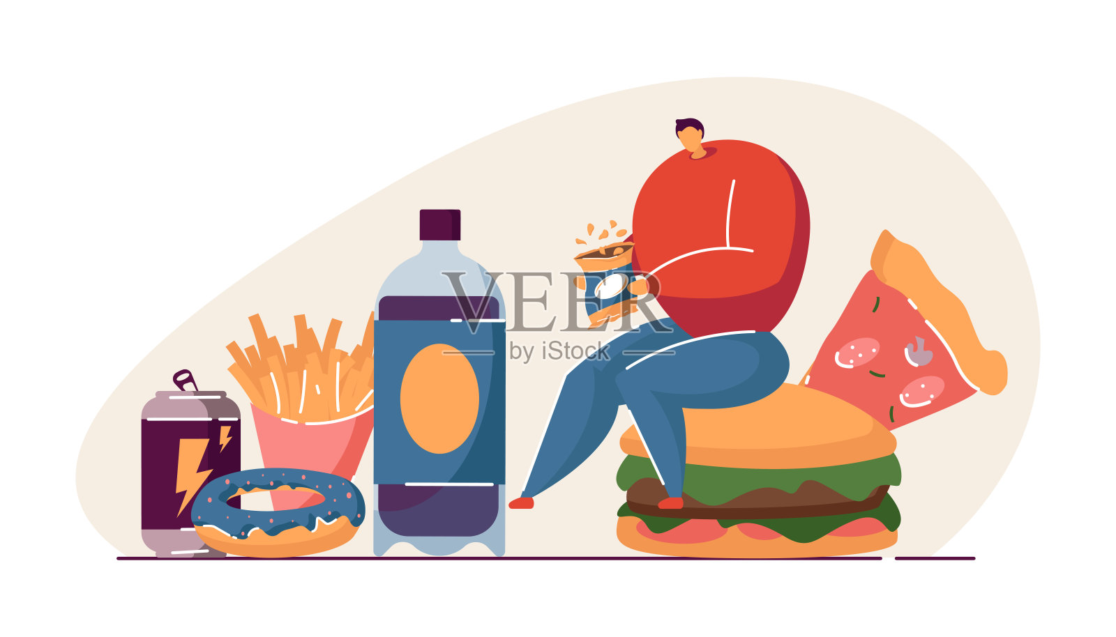 男人坐在巨大的汉堡吃薯条矢量插图插画图片素材