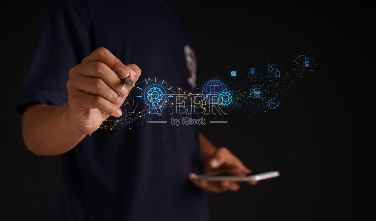 商人使用一个概念来管理智能手机上的网络数据仓库。无线网络连接和图标风格的管理理念。带有数据线的虚拟抽象拷贝空间。照片摄影图片