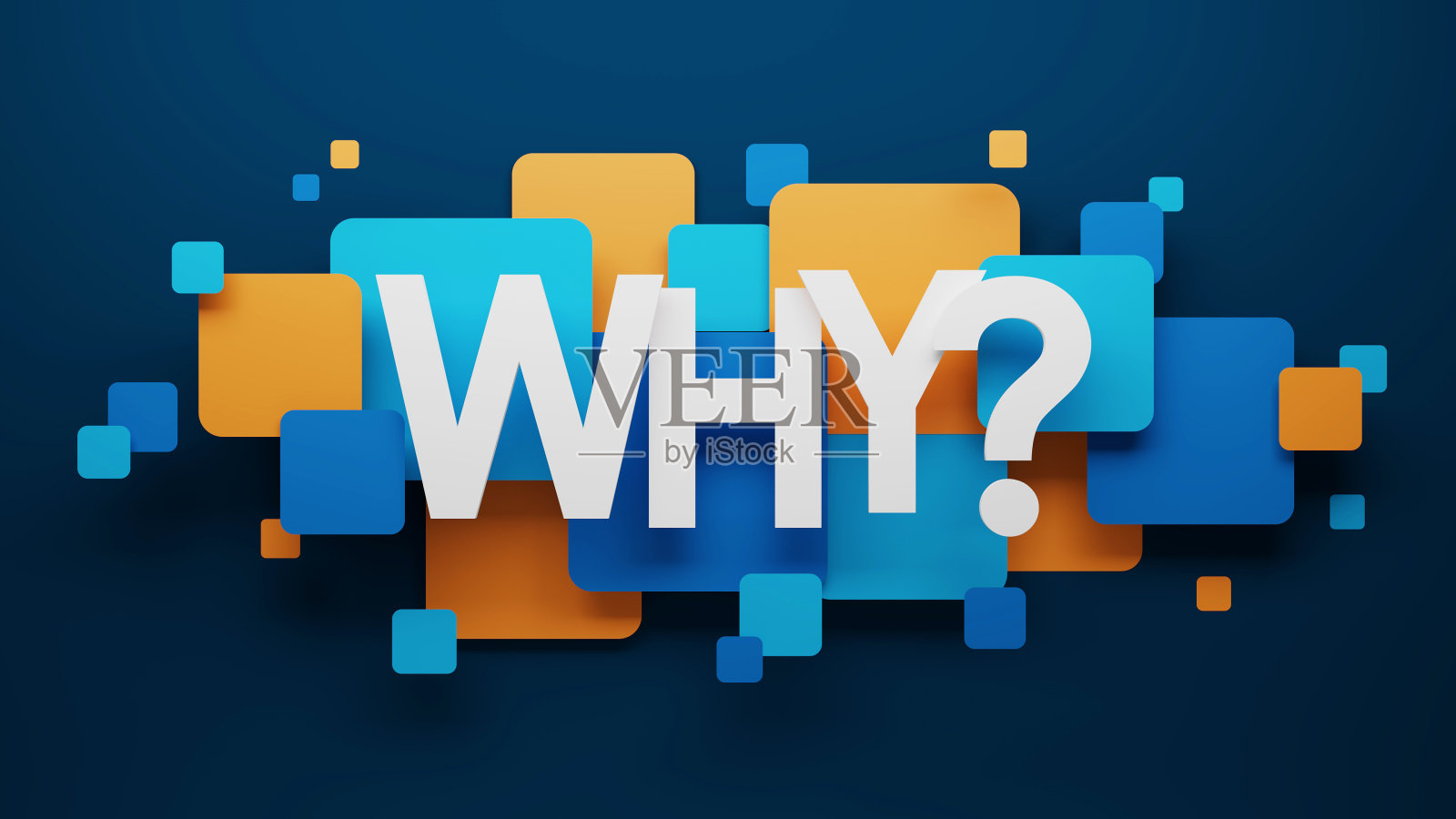 3D渲染为什么?蓝色和橙色排版横幅照片摄影图片