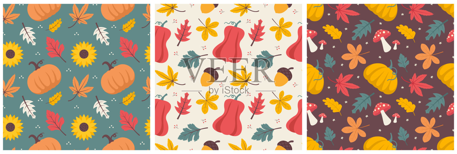 一套秋季季节无缝图案设计与秋季元素在模板卡通插图插画图片素材