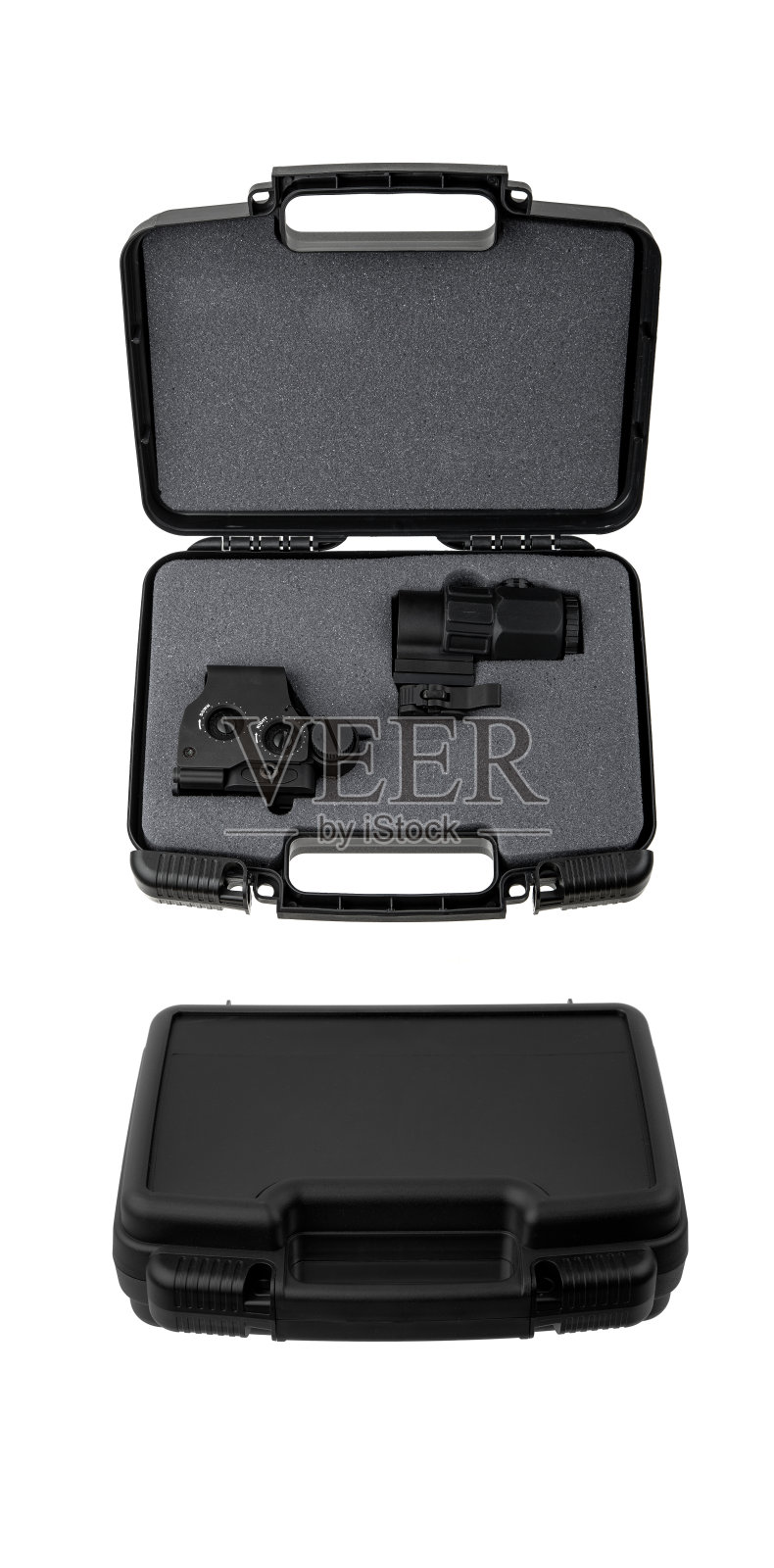 现代光学准直瞄准具。用于短距离射击的瞄准装置。隔离在白色背景上。照片摄影图片