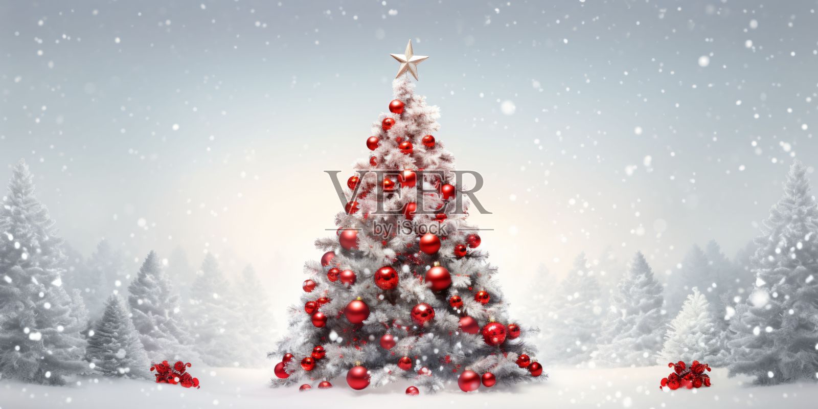 圣诞节的背景。用红球装饰的圣诞树照片摄影图片