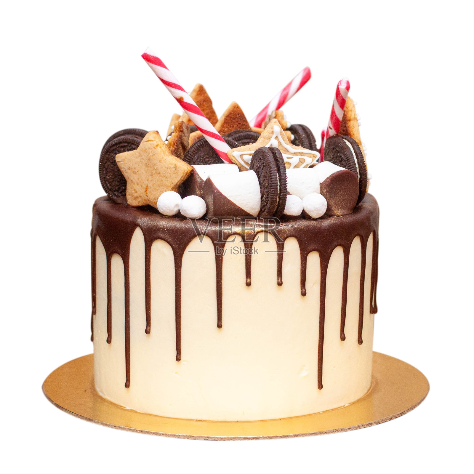 圣诞或新年蛋糕,有干橙子、雪花、姜饼饼干、星星、圣诞树、糖屑和雪花照片摄影图片