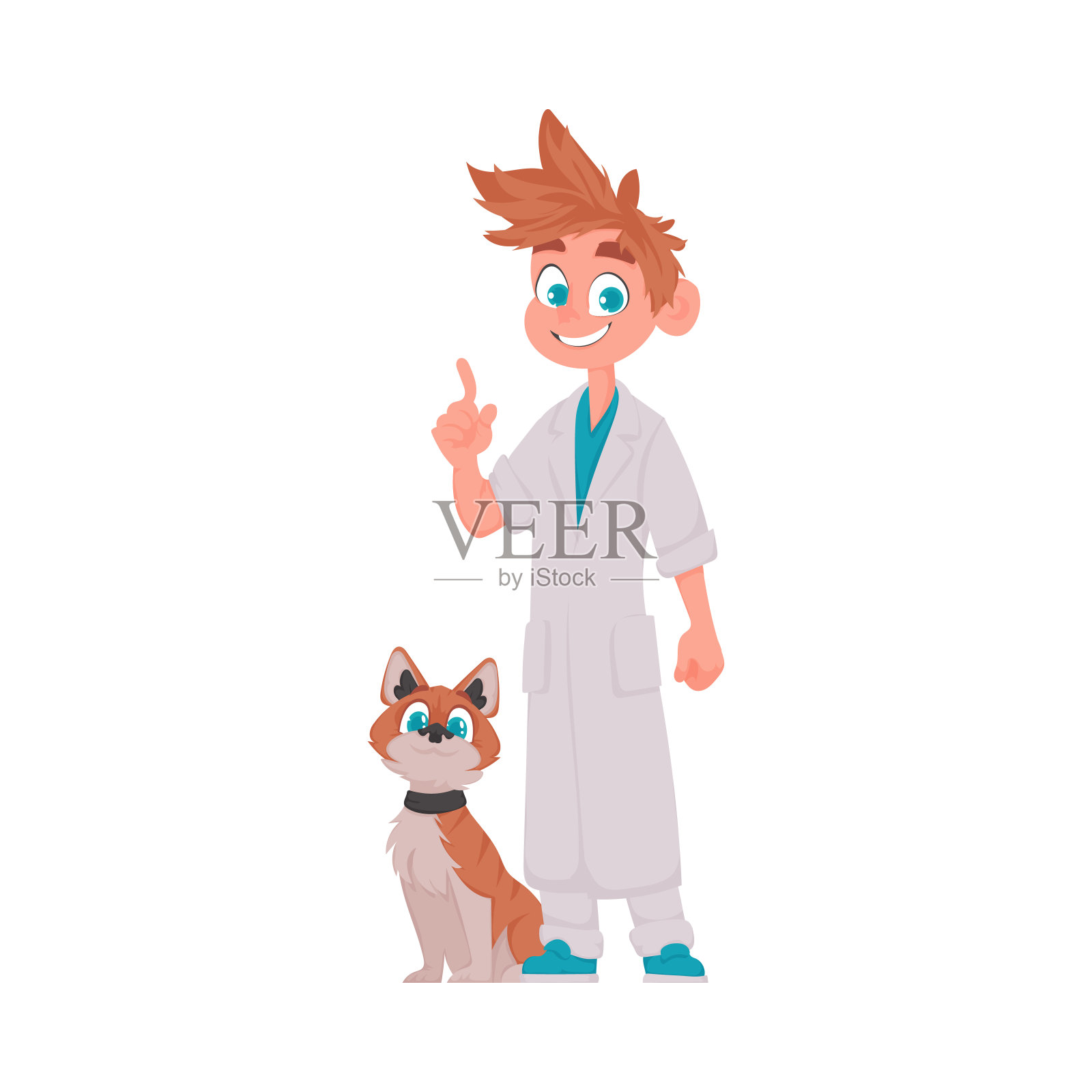 男人非常快乐,喜欢照顾可爱的动物,比如一只非常可爱的猫。矢量插图。插画图片素材