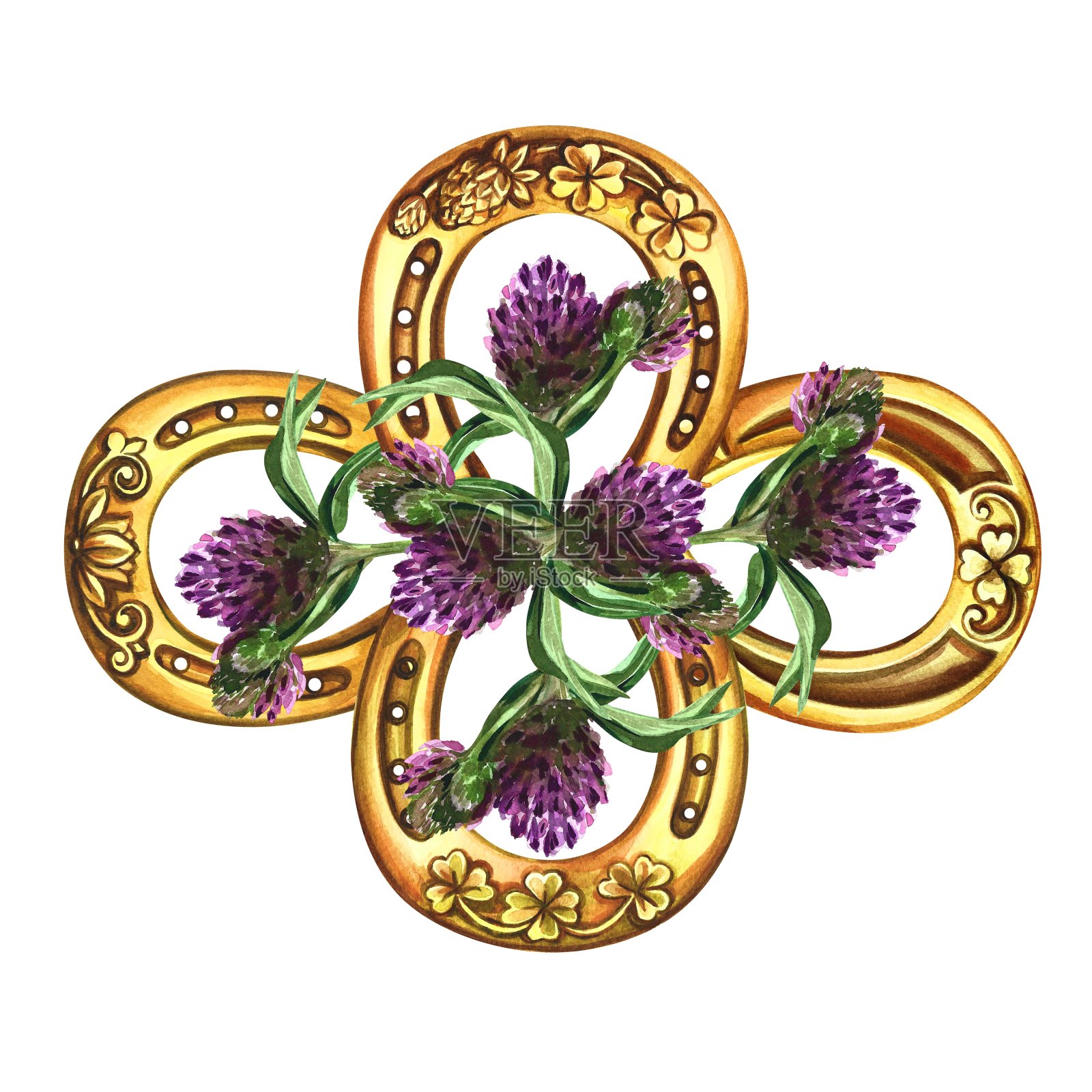 马蹄铁和三叶草的混合物。好运的象征。手工水彩插图。隔离。用于印刷,贴纸和标签。明信片,印刷和包装。为图案和护身符插画图片素材