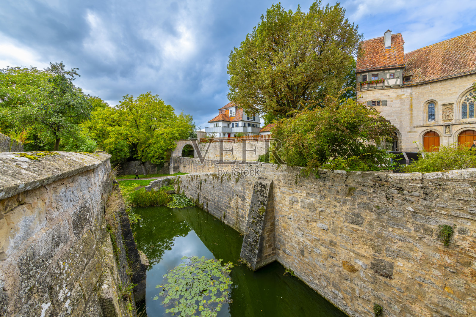 从圣沃尔夫冈教堂附近的Klingentor Blade Gate附近看到的护城河和中世纪建筑在德国罗腾堡的城墙内。照片摄影图片