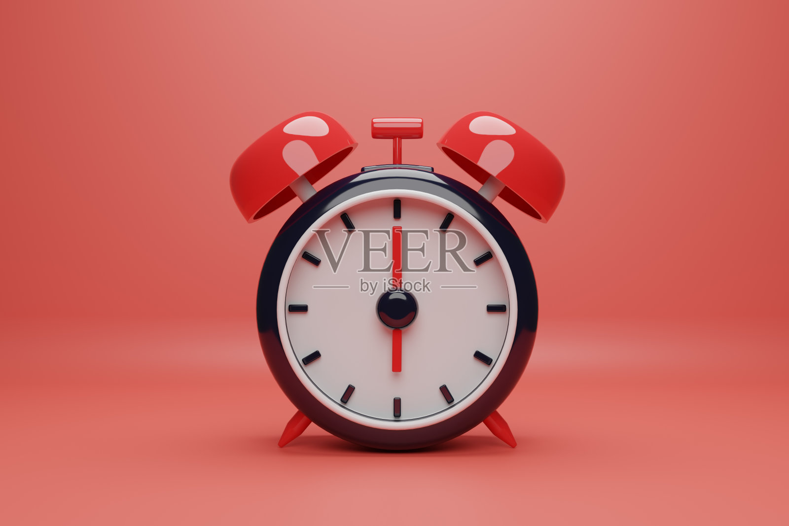 黑色和红色复古响闹钟在明亮的红色背景。现代设计,3d渲染照片摄影图片