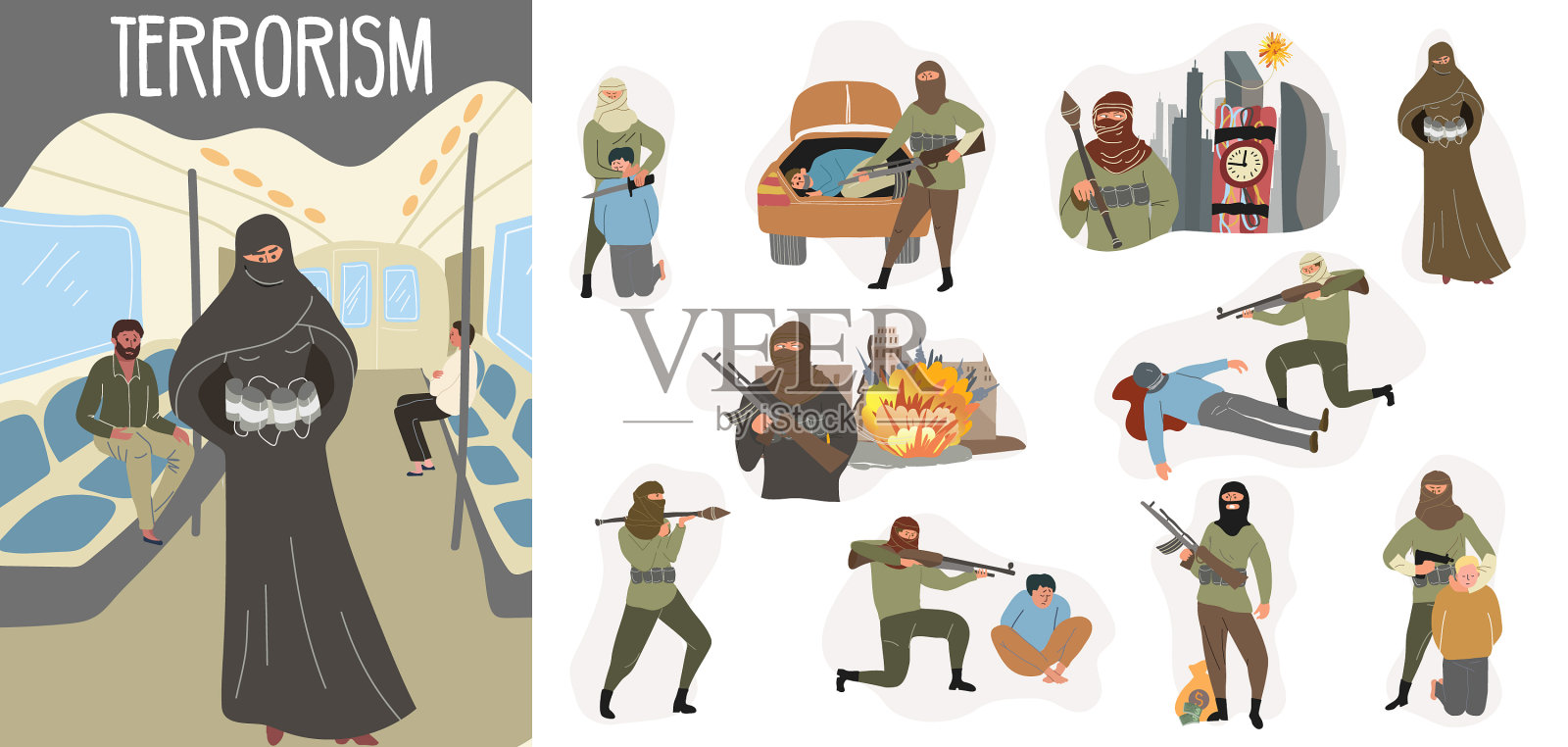 恐怖主义平面构图集插画图片素材