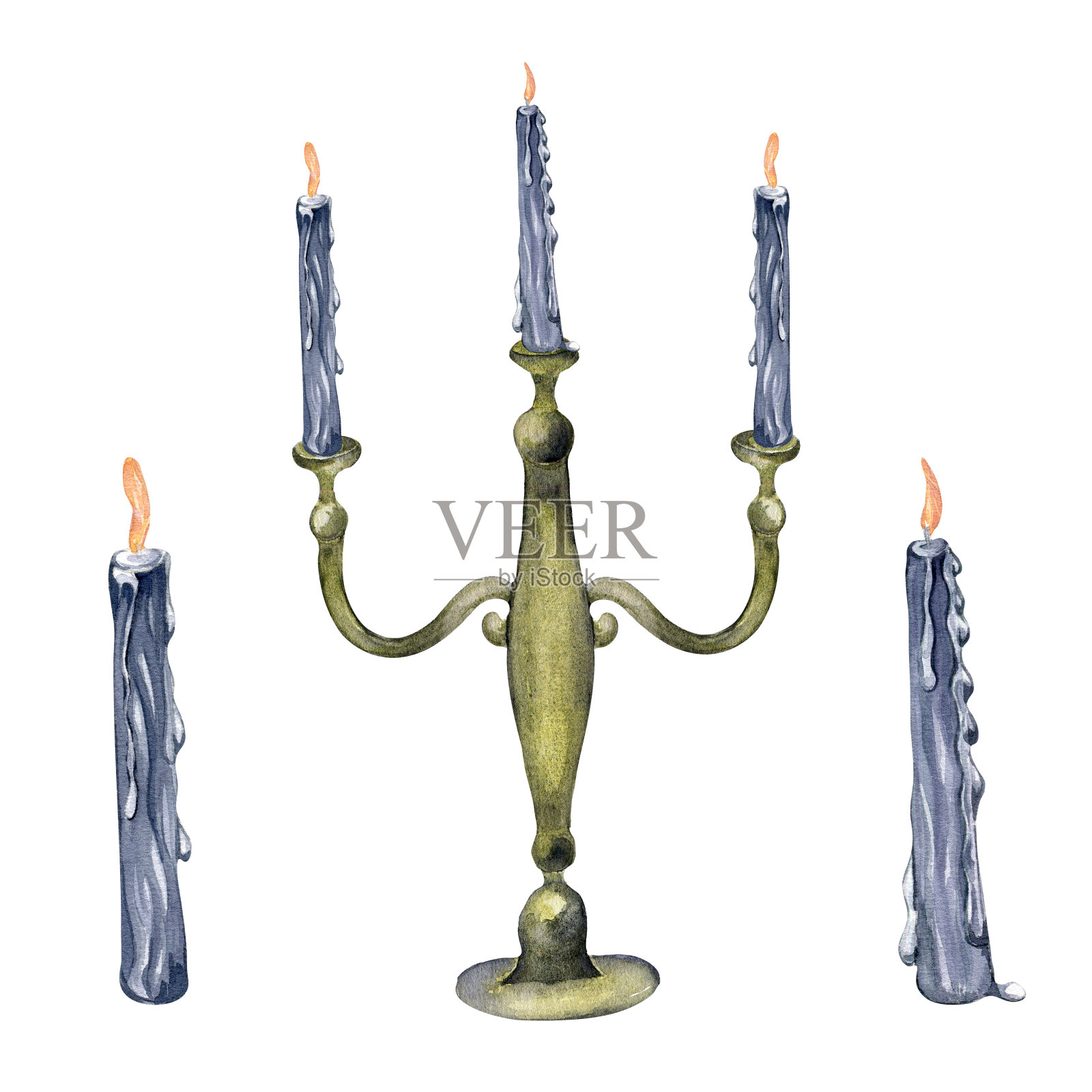 水彩画古代烛台集孤立的白色背景。哥特式老烛台手绘插图。哥特式黑色婚礼装饰复古风格。邀请元素,背景插画图片素材