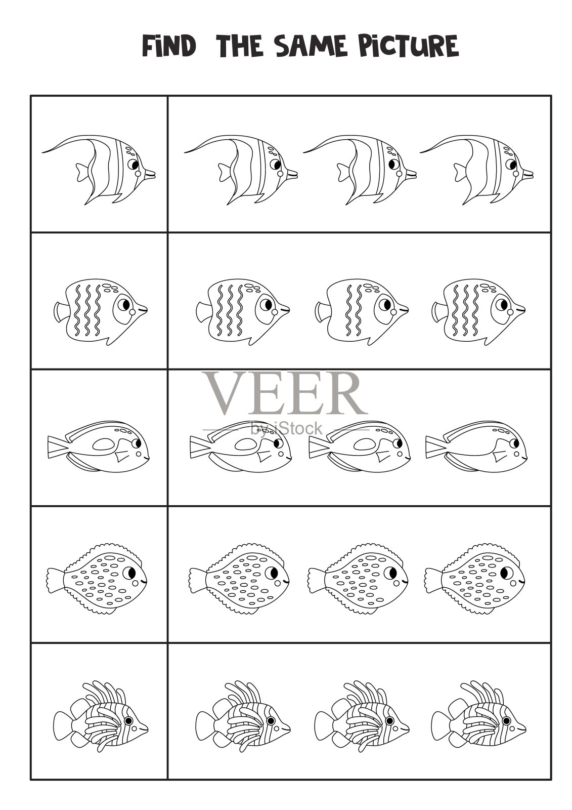 找两条相同的海鱼。黑白工作表。插画图片素材