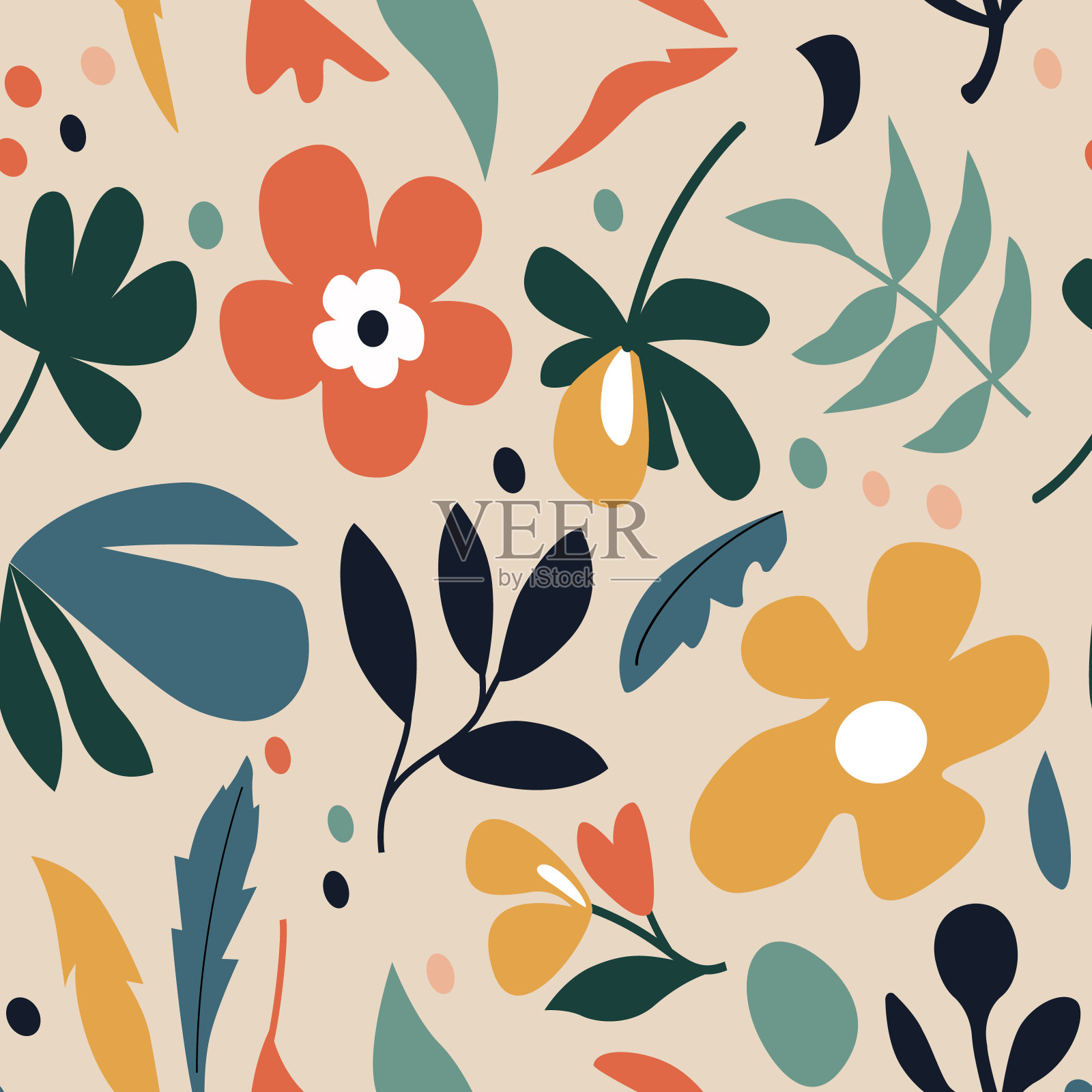 植物、花卉、树叶、纸张拼贴图案无缝衔接。马蒂斯风格的抽象植物人物。矢量现代艺术背景印刷,纺织品,封面,壁纸。插画图片素材