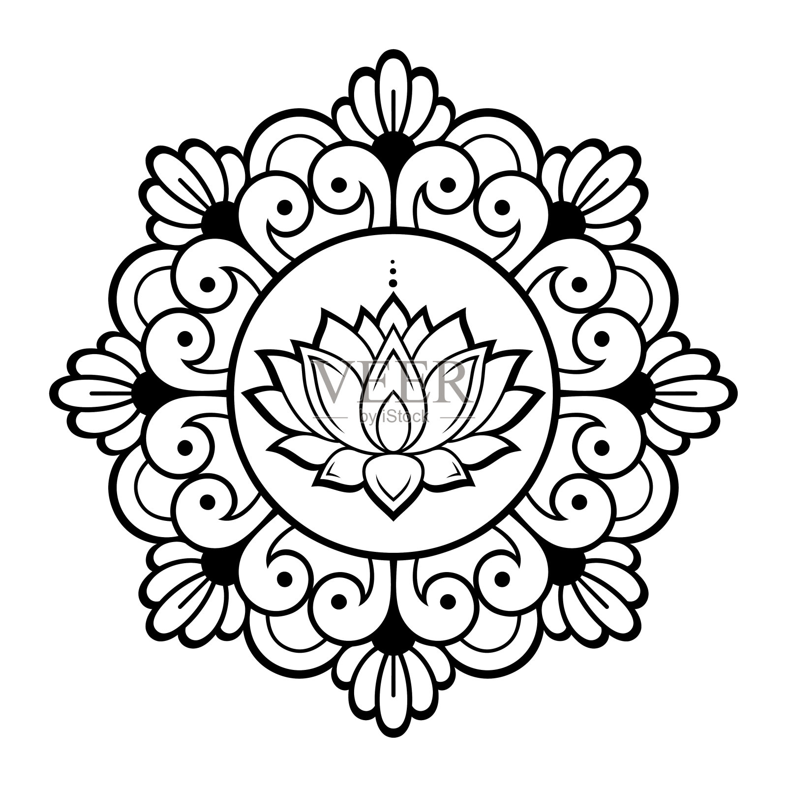 圆形图案曼陀罗形式与莲花为指甲花,曼陀罗,纹身,装饰。具有东方民族风格的装饰饰品。轮廓涂鸦手绘矢量插图。插画图片素材