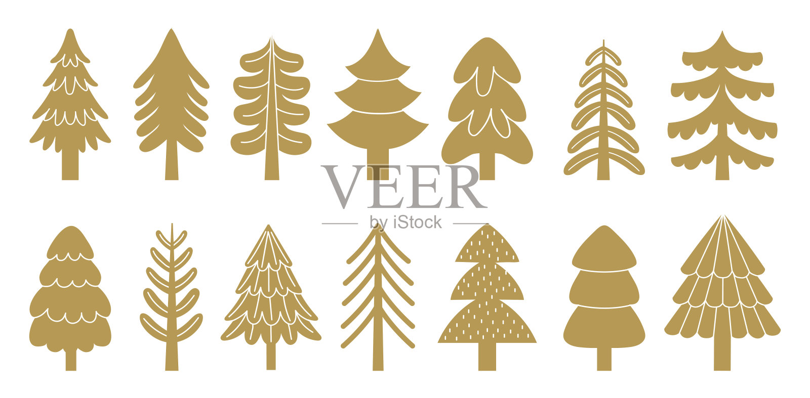 金色的圣诞树图标,不同形状的云杉和松树插画图片素材