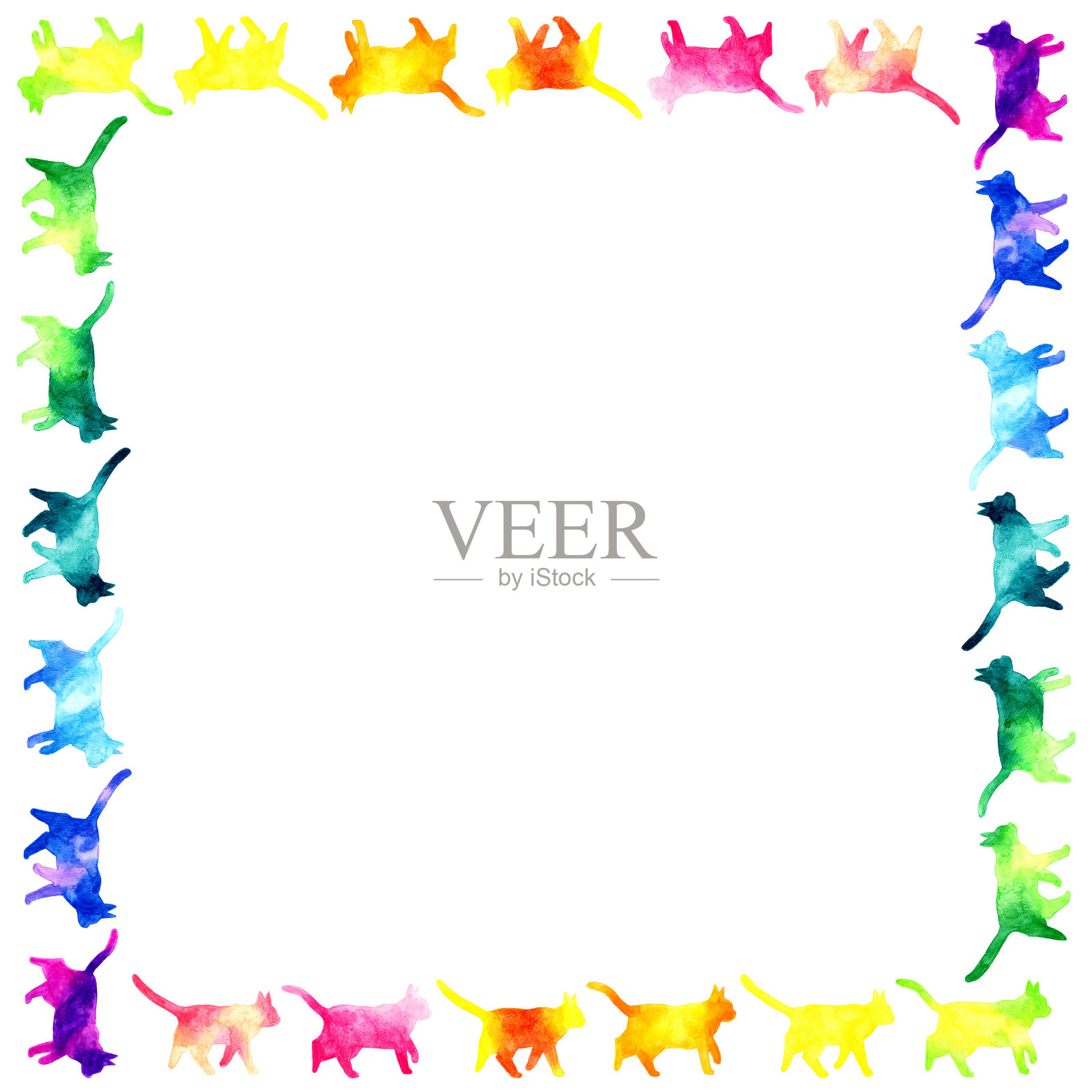 彩色猫剪影背景。手绘水彩动物插图。插画图片素材