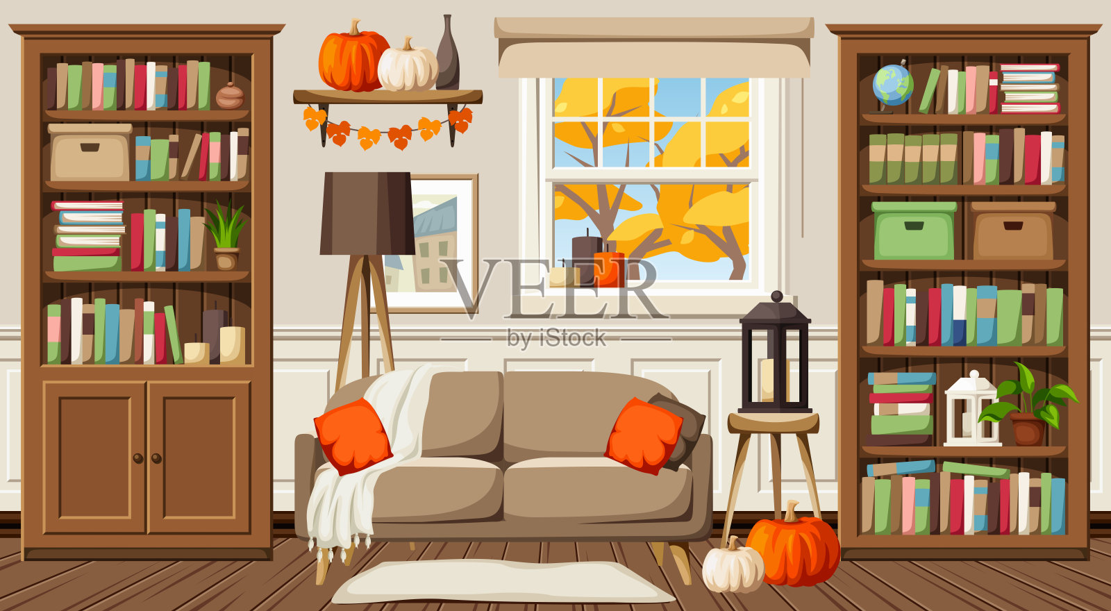 秋天的客厅内部。经典的客厅室内设计。卡通矢量插图插画图片素材