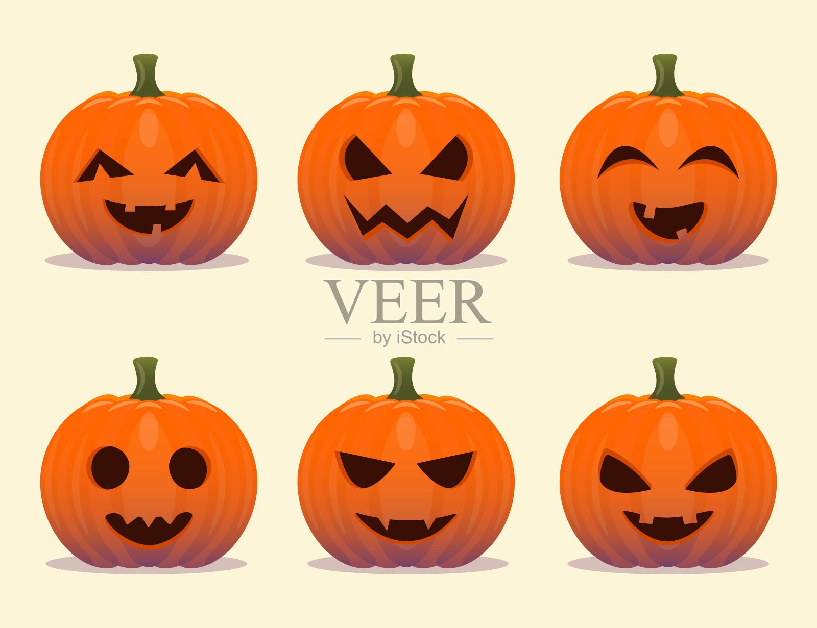 一套可爱的卡通南瓜万圣节假期。橙色的秋天南瓜带着微笑。矢量插图。插画图片素材