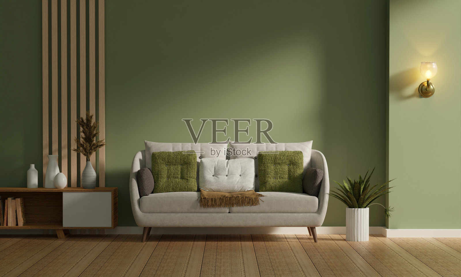 空白海报框架模拟客厅内部,米色沙发,现代客厅内部背景,3d渲染插图照片摄影图片