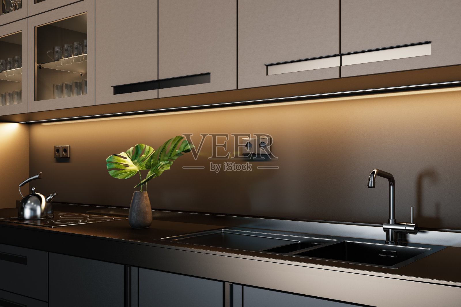 豪华黑色现代极简主义厨房两面墙。黑暗物质。照片摄影图片