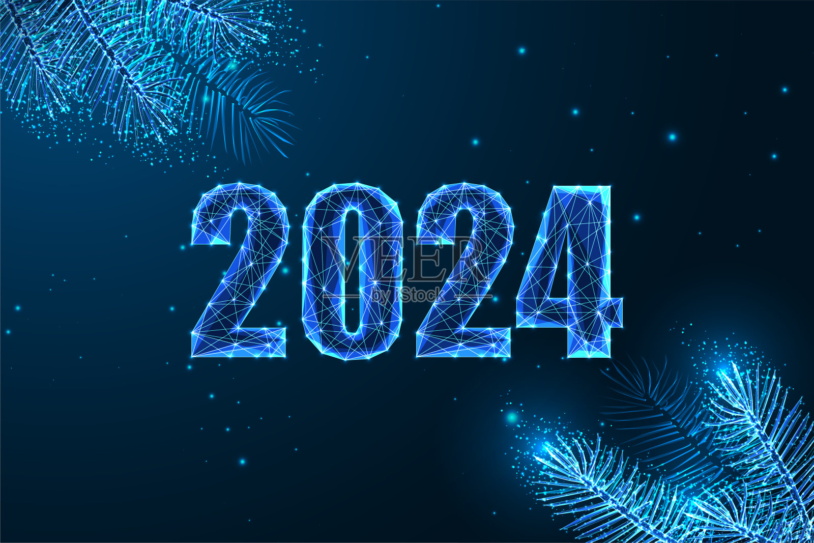 2024新年快乐的数字网页横幅与常绿树枝在未来风格的蓝色插画图片素材