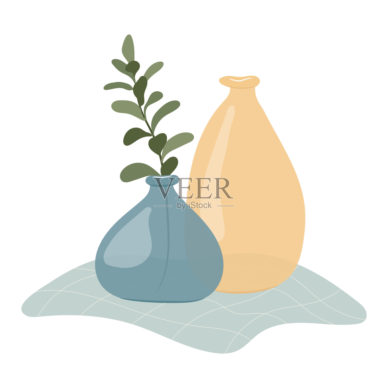 一对蓝色和黄色的现代玻璃花瓶。家庭装饰。插画图片素材